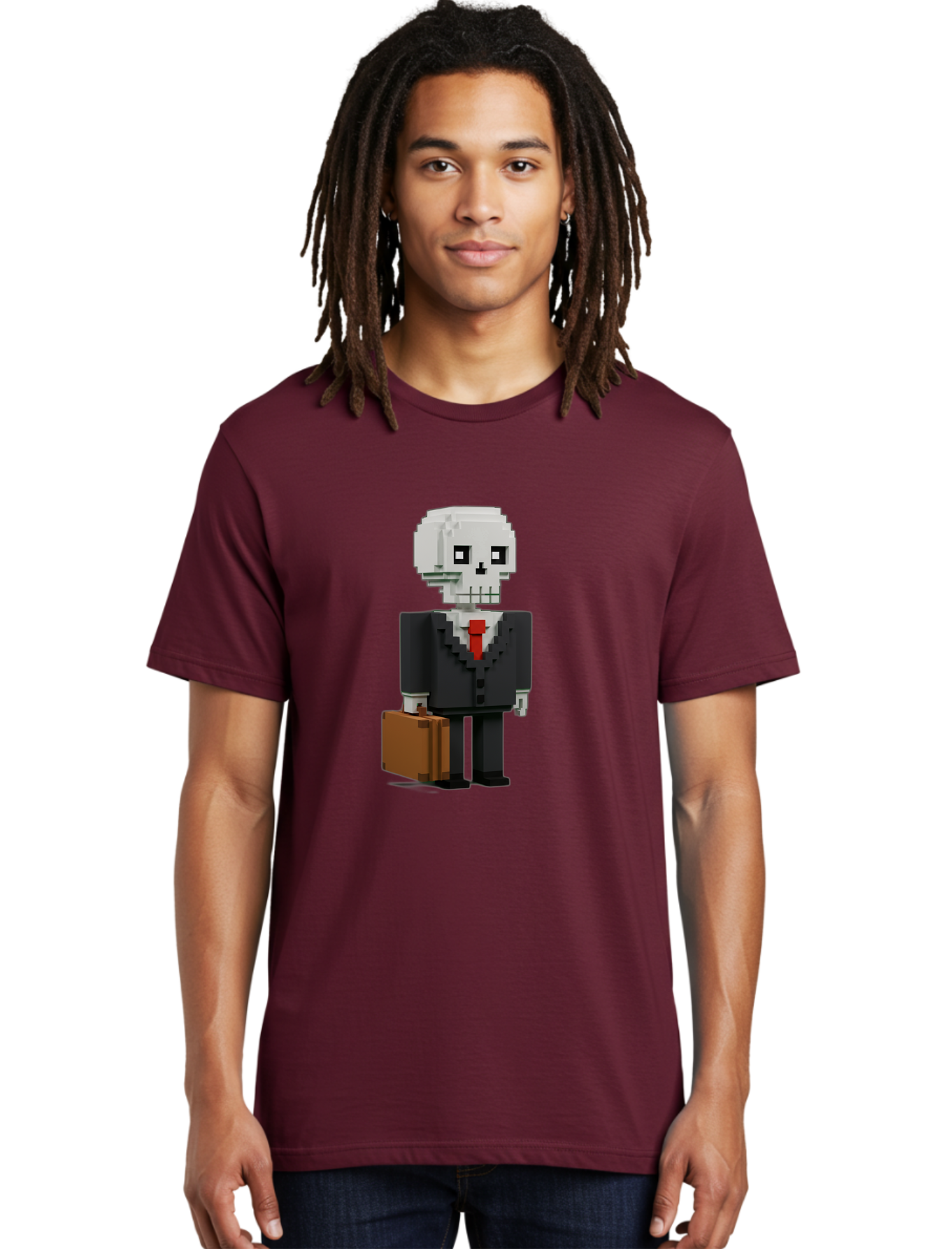 Pixel-Skull-Businessman Men'S Graphic Tee, 100% Cotton, Comfortable Casual Summer Wear, Machine Washable, Pixel Art Skeleton, Skull Character, Business Attire, Black Suit, Red Tie, Briefcase, Video Game Style, Cartoon Character, Bad443 24