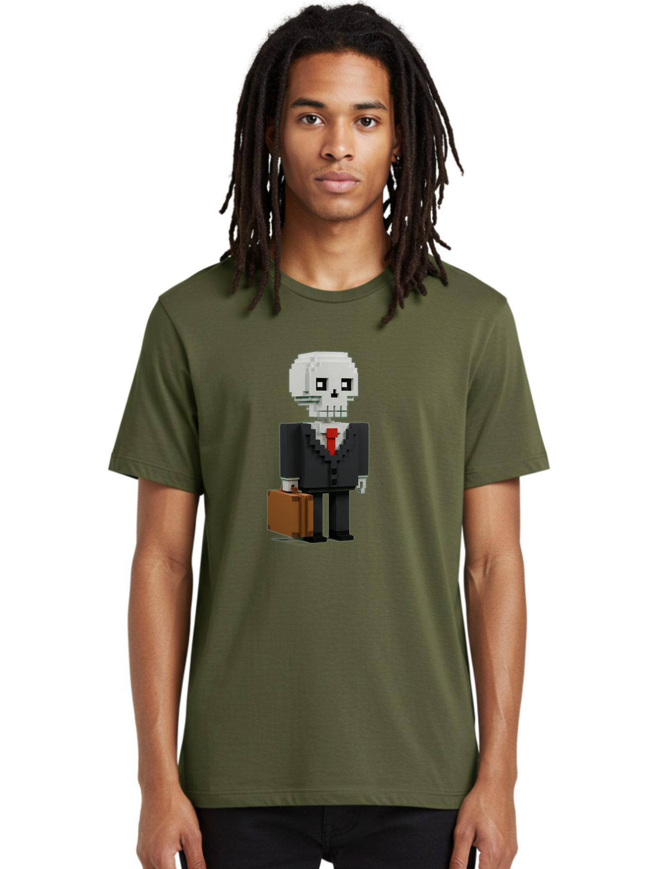 Pixel-Skull-Businessman Men'S Graphic Tee, 100% Cotton, Comfortable Casual Summer Wear, Machine Washable, Pixel Art Skeleton, Skull Character, Business Attire, Black Suit, Red Tie, Briefcase, Video Game Style, Cartoon Character, Bad443 19