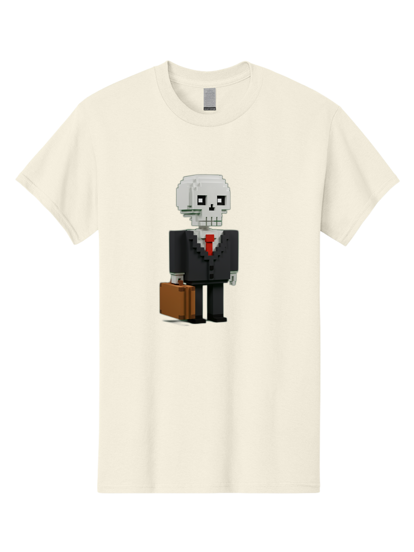 Pixel-Skull-Businessman Men'S Graphic Tee, 100% Cotton, Comfortable Casual Summer Wear, Machine Washable, Pixel Art Skeleton, Skull Character, Business Attire, Black Suit, Red Tie, Briefcase, Video Game Style, Cartoon Character, Bad443 2