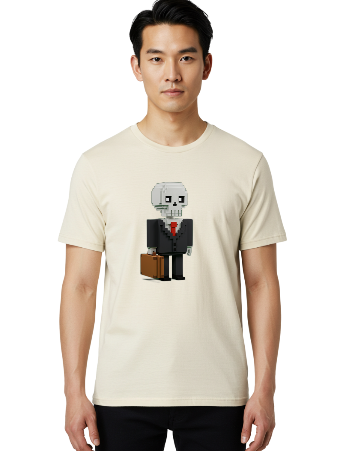 Pixel-Skull-Businessman Men'S Graphic Tee, 100% Cotton, Comfortable Casual Summer Wear, Machine Washable, Pixel Art Skeleton, Skull Character, Business Attire, Black Suit, Red Tie, Briefcase, Video Game Style, Cartoon Character, Bad443 17