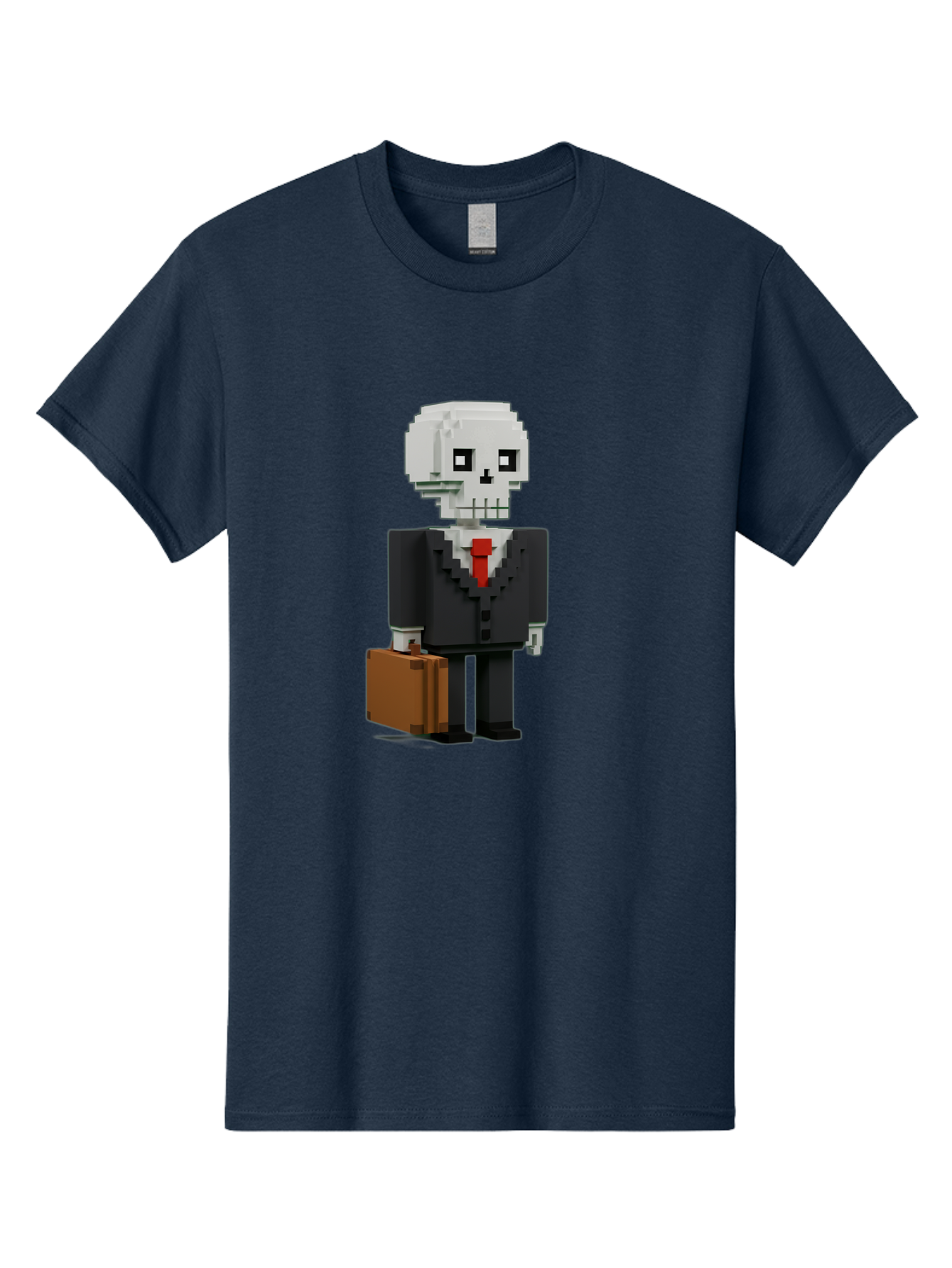 Pixel-Skull-Businessman Men'S Graphic Tee, 100% Cotton, Comfortable Casual Summer Wear, Machine Washable, Pixel Art Skeleton, Skull Character, Business Attire, Black Suit, Red Tie, Briefcase, Video Game Style, Cartoon Character, Bad443 6