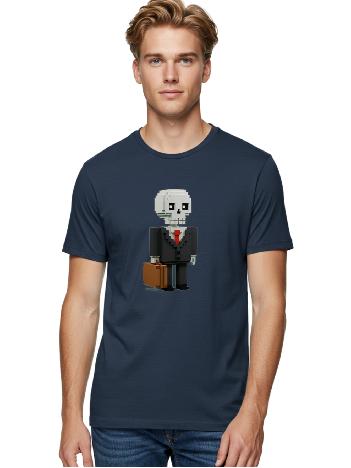Pixel-Skull-Businessman Men'S Graphic Tee, 100% Cotton, Comfortable Casual Summer Wear, Machine Washable, Pixel Art Skeleton, Skull Character, Business Attire, Black Suit, Red Tie, Briefcase, Video Game Style, Cartoon Character, Bad443 21
