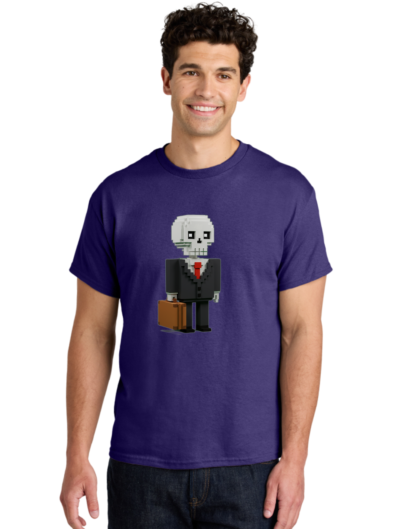 Pixel-Skull-Businessman Men'S Graphic Tee, 100% Cotton, Comfortable Casual Summer Wear, Machine Washable, Pixel Art Skeleton, Skull Character, Business Attire, Black Suit, Red Tie, Briefcase, Video Game Style, Cartoon Character, Bad443 28