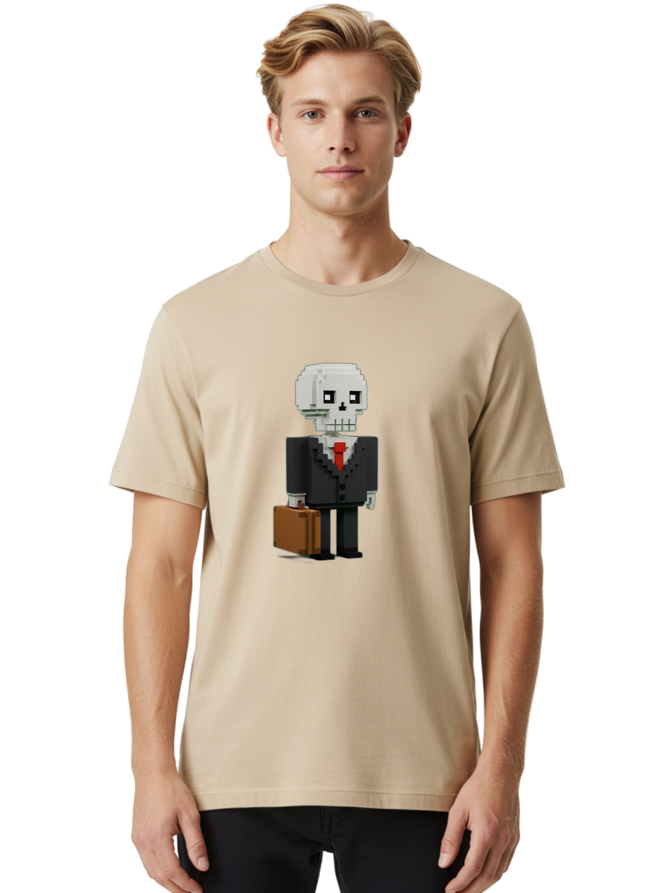 Pixel-Skull-Businessman Men'S Graphic Tee, 100% Cotton, Comfortable Casual Summer Wear, Machine Washable, Pixel Art Skeleton, Skull Character, Business Attire, Black Suit, Red Tie, Briefcase, Video Game Style, Cartoon Character, Bad443 20