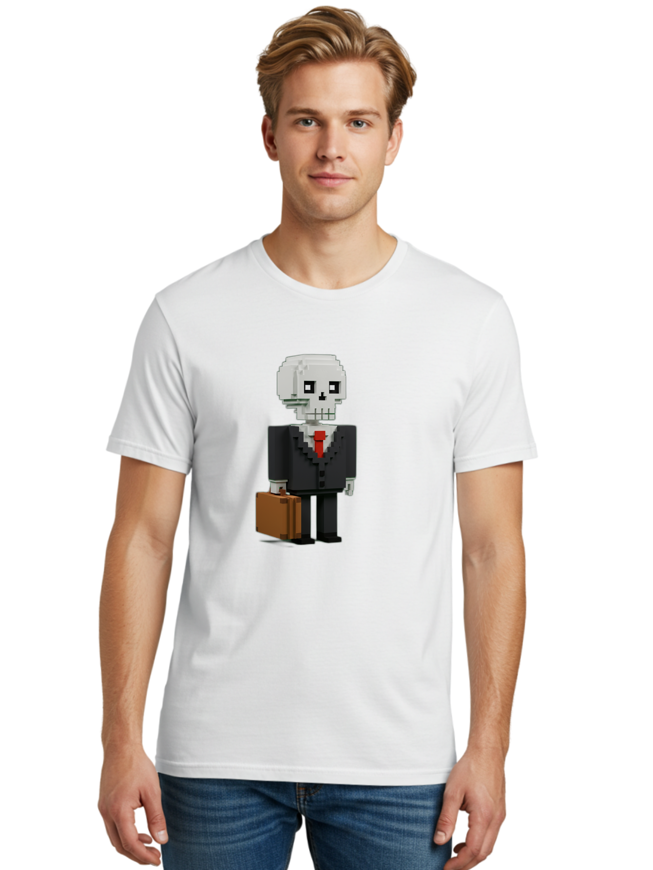 Pixel-Skull-Businessman Men'S Graphic Tee, 100% Cotton, Comfortable Casual Summer Wear, Machine Washable, Pixel Art Skeleton, Skull Character, Business Attire, Black Suit, Red Tie, Briefcase, Video Game Style, Cartoon Character, Bad443 27