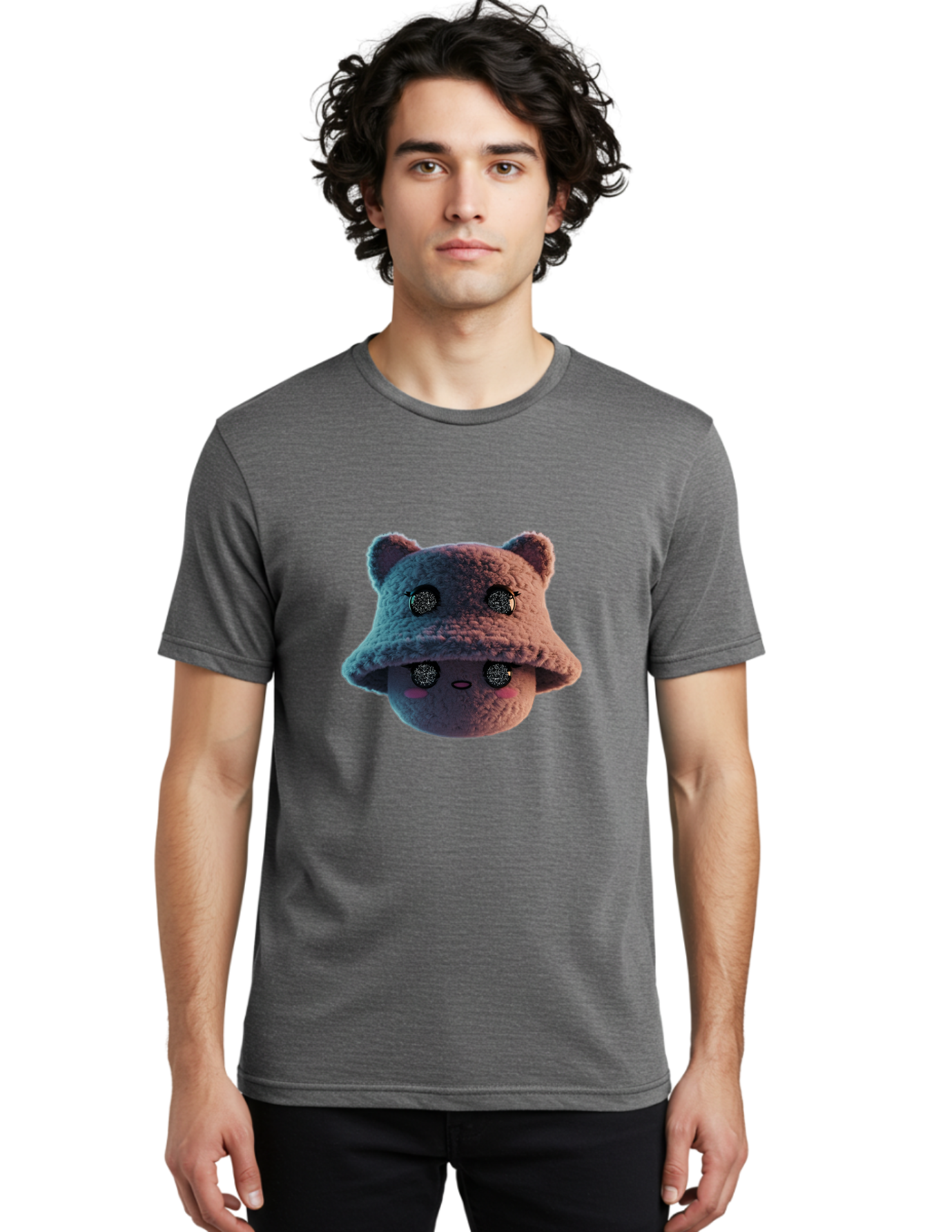 Plushie-Character Men'S Graphic Tee, 100% Cotton, Comfortable Casual Summer Wear, Machine Washable, Cute Cartoon Character, Fluffy Teddy Bear, Kawaii Plush Toy, Round Face, Sparkly Eyes, Soft Pink Cheeks, Funny Expression, Endearing Design, Bad447 17