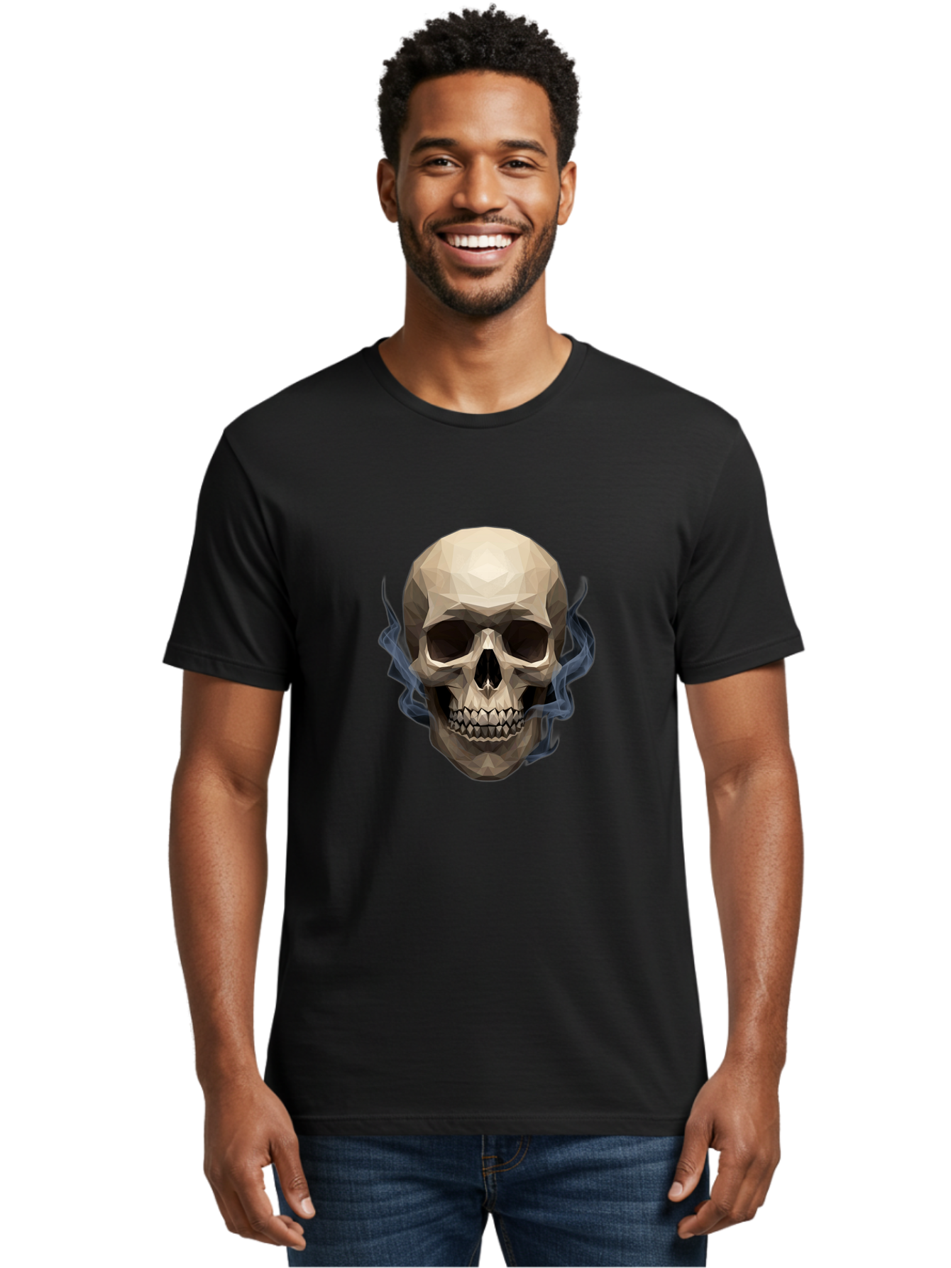 Polygonal-Skull Men'S Graphic Tee, 100% Cotton, Comfortable Casual Summer Wear, Machine Washable, Human Skull, Geometric Shapes, Low Poly Art, Smoke Coming Out, Dark Eye Sockets, Teeth, Mystical, Low Poly, Abstract Art, Skull Design Bad450 16