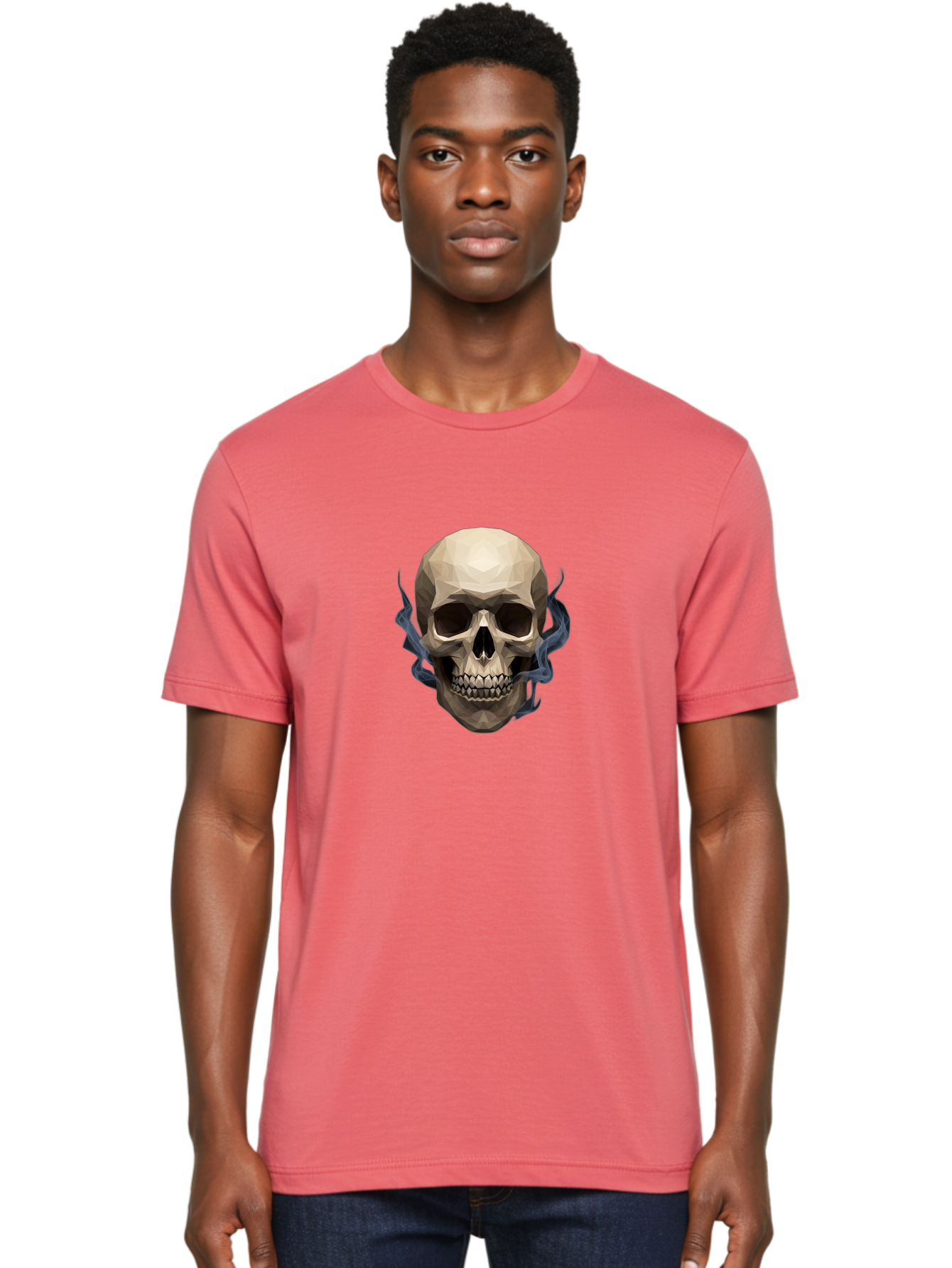 Polygonal-Skull Men'S Graphic Tee, 100% Cotton, Comfortable Casual Summer Wear, Machine Washable, Human Skull, Geometric Shapes, Low Poly Art, Smoke Coming Out, Dark Eye Sockets, Teeth, Mystical, Low Poly, Abstract Art, Skull Design Bad450 18