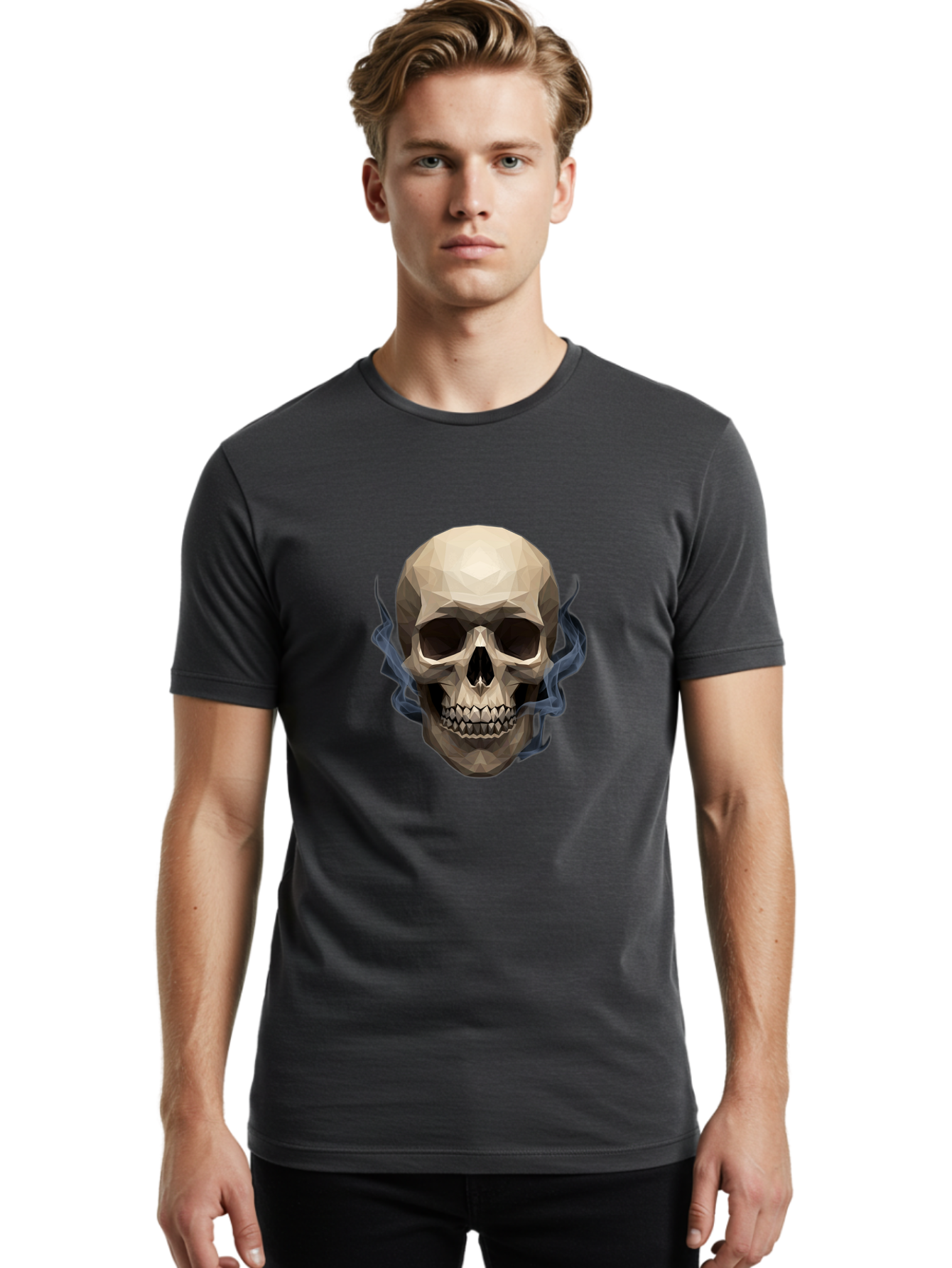 Polygonal-Skull Men'S Graphic Tee, 100% Cotton, Comfortable Casual Summer Wear, Machine Washable, Human Skull, Geometric Shapes, Low Poly Art, Smoke Coming Out, Dark Eye Sockets, Teeth, Mystical, Low Poly, Abstract Art, Skull Design Bad450 20