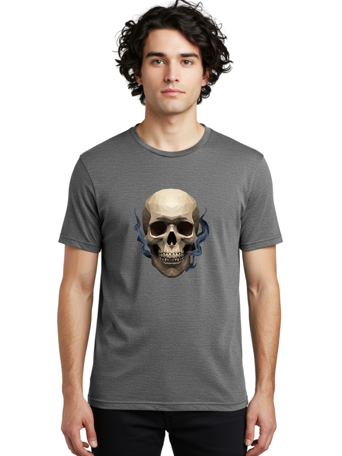 Polygonal-Skull Men'S Graphic Tee, 100% Cotton, Comfortable Casual Summer Wear, Machine Washable, Human Skull, Geometric Shapes, Low Poly Art, Smoke Coming Out, Dark Eye Sockets, Teeth, Mystical, Low Poly, Abstract Art, Skull Design Bad450 22
