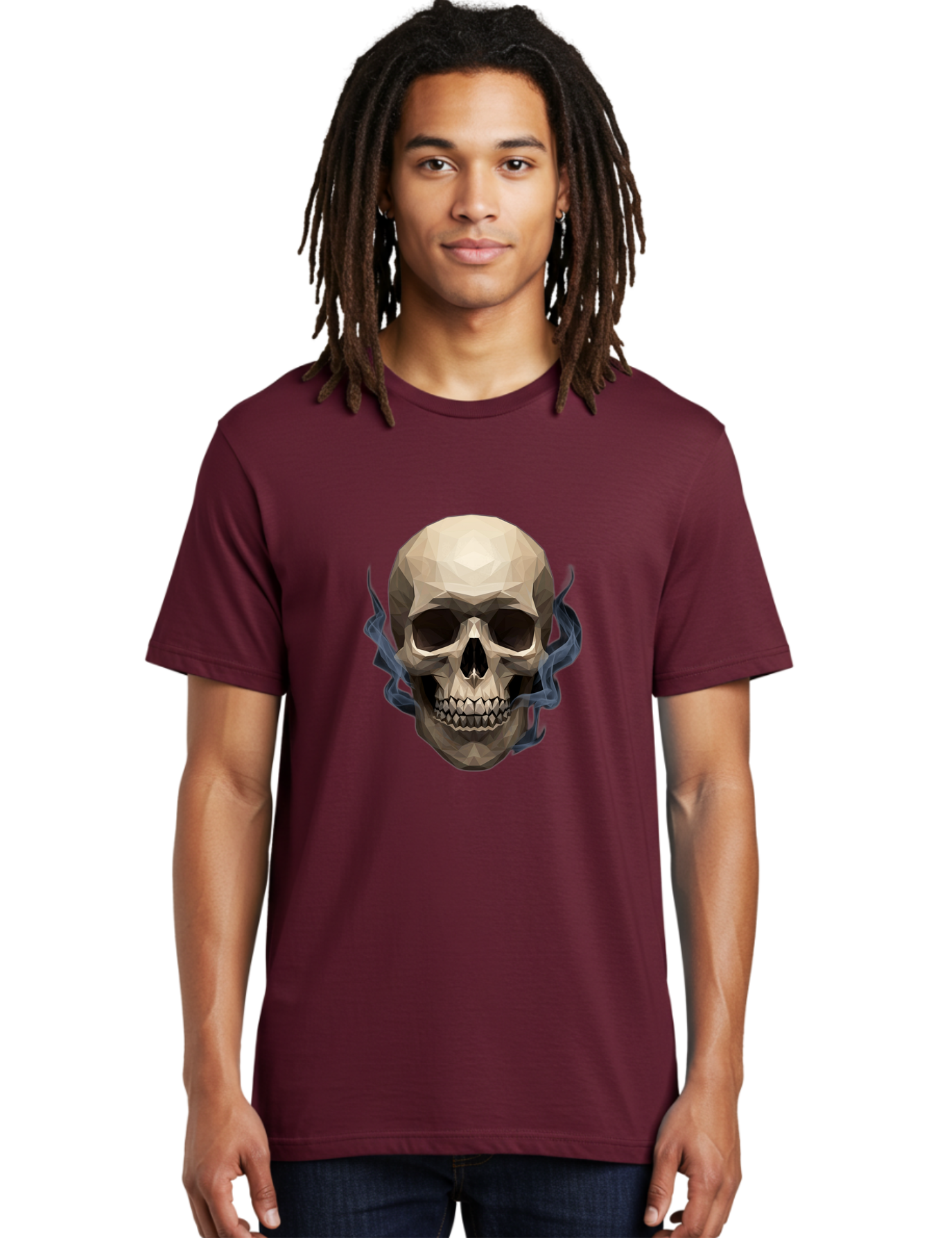 Polygonal-Skull Men'S Graphic Tee, 100% Cotton, Comfortable Casual Summer Wear, Machine Washable, Human Skull, Geometric Shapes, Low Poly Art, Smoke Coming Out, Dark Eye Sockets, Teeth, Mystical, Low Poly, Abstract Art, Skull Design Bad450 26