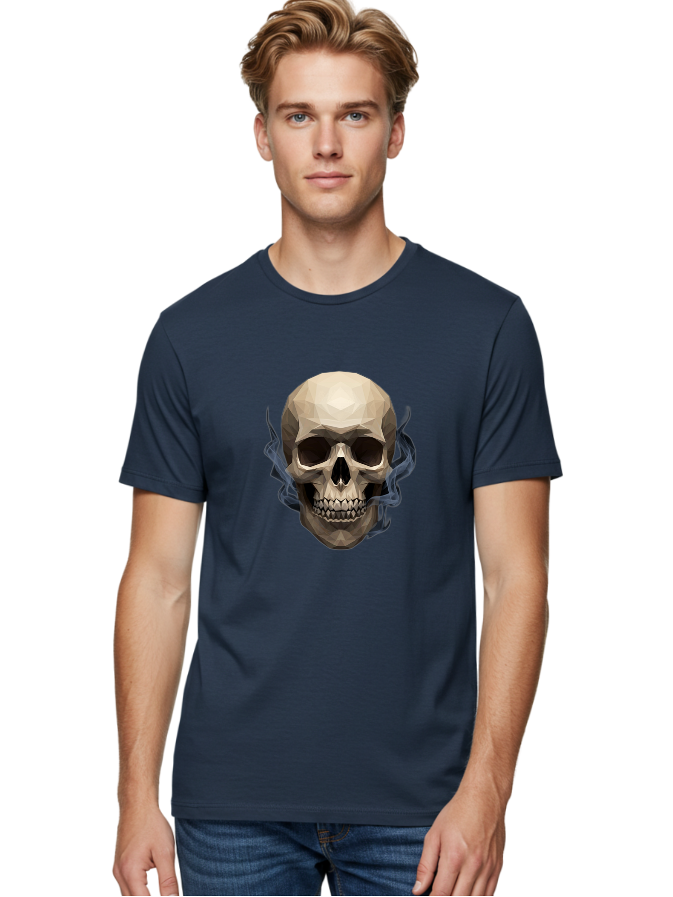 Polygonal-Skull Men'S Graphic Tee, 100% Cotton, Comfortable Casual Summer Wear, Machine Washable, Human Skull, Geometric Shapes, Low Poly Art, Smoke Coming Out, Dark Eye Sockets, Teeth, Mystical, Low Poly, Abstract Art, Skull Design Bad450 21