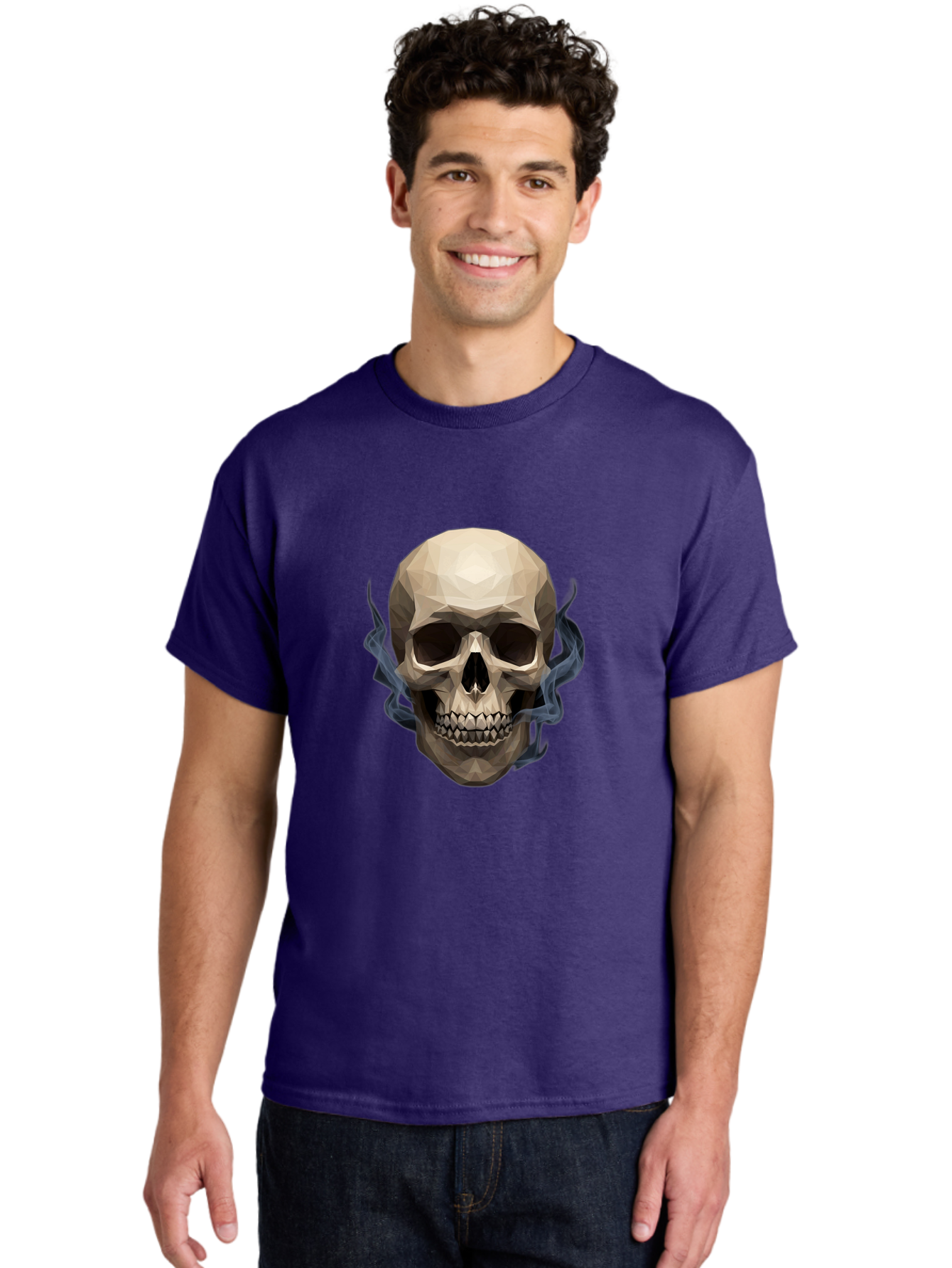 Polygonal-Skull Men'S Graphic Tee, 100% Cotton, Comfortable Casual Summer Wear, Machine Washable, Human Skull, Geometric Shapes, Low Poly Art, Smoke Coming Out, Dark Eye Sockets, Teeth, Mystical, Low Poly, Abstract Art, Skull Design Bad450 19