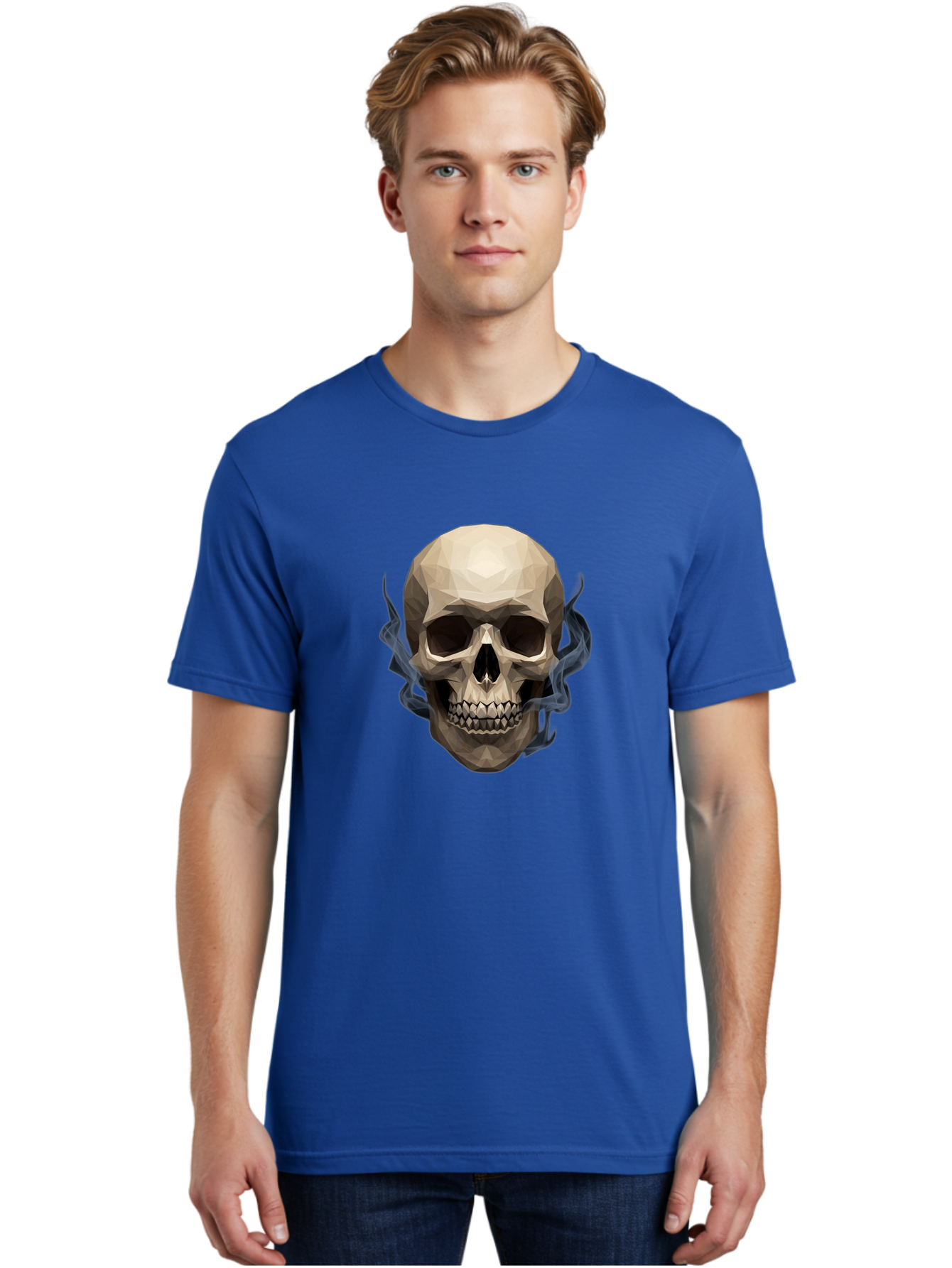 Polygonal-Skull Men'S Graphic Tee, 100% Cotton, Comfortable Casual Summer Wear, Machine Washable, Human Skull, Geometric Shapes, Low Poly Art, Smoke Coming Out, Dark Eye Sockets, Teeth, Mystical, Low Poly, Abstract Art, Skull Design Bad450 17