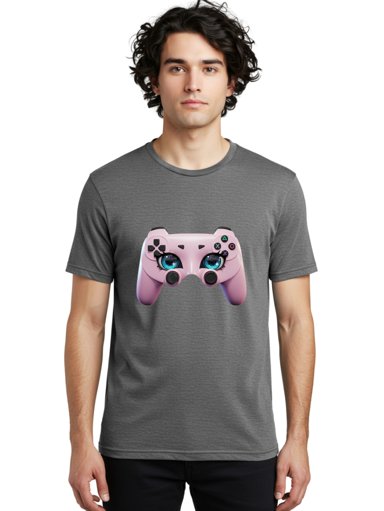 Ps4-Controller Men'S Graphic Tee, 100% Cotton, Comfortable Casual Summer Wear, Machine Washable, Pastel Pink Controller, Kawaii Gaming, Blue Eyes, Eyelashes, Ps4, Gaming, Kawaii Art, Pastel Colors, Cartoon Style, Video Game Bad455 17