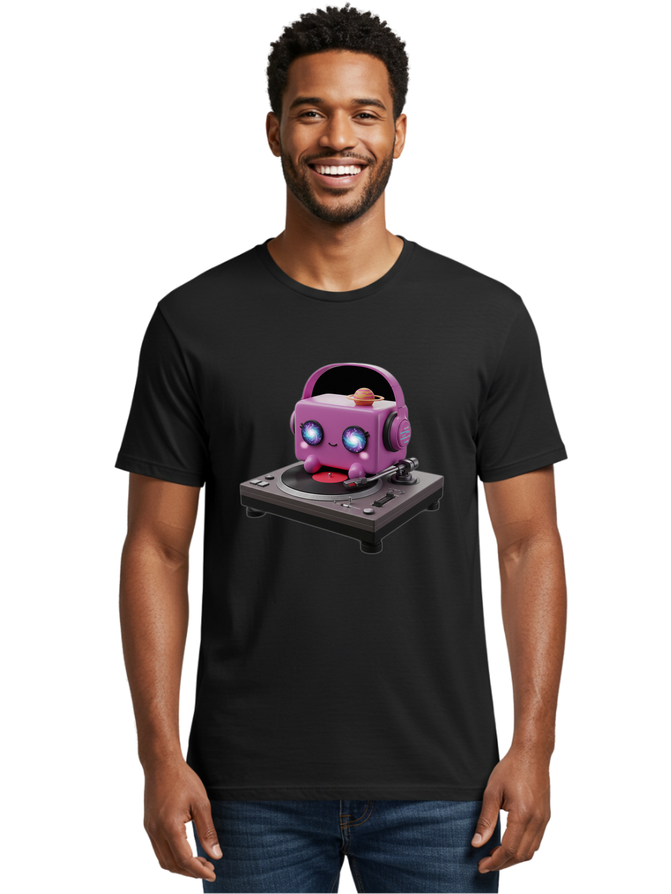 Purple-Robot Men'S Graphic Tee, 100% Cotton, Comfortable Casual Summer Wear, Machine Washable, Purple Robot, Record Player, Vinyl Records, Music Lover, Kawaii Character, Cartoon Robot, Galaxy Eyes, Planet On Head, Headphones, Music Enthusiast, Bad465 29