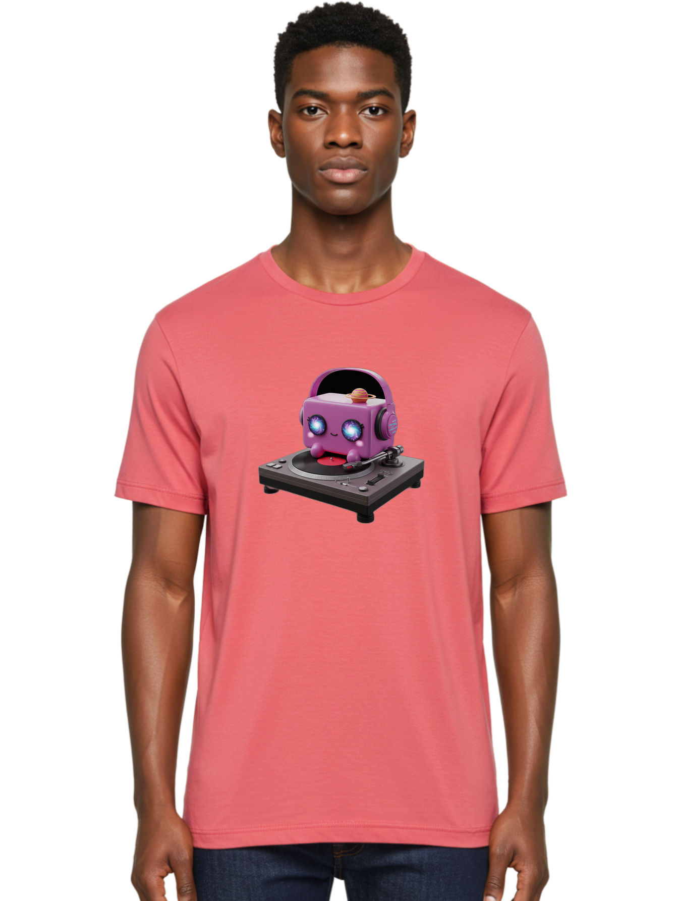 Purple-Robot Men'S Graphic Tee, 100% Cotton, Comfortable Casual Summer Wear, Machine Washable, Purple Robot, Record Player, Vinyl Records, Music Lover, Kawaii Character, Cartoon Robot, Galaxy Eyes, Planet On Head, Headphones, Music Enthusiast, Bad465 21