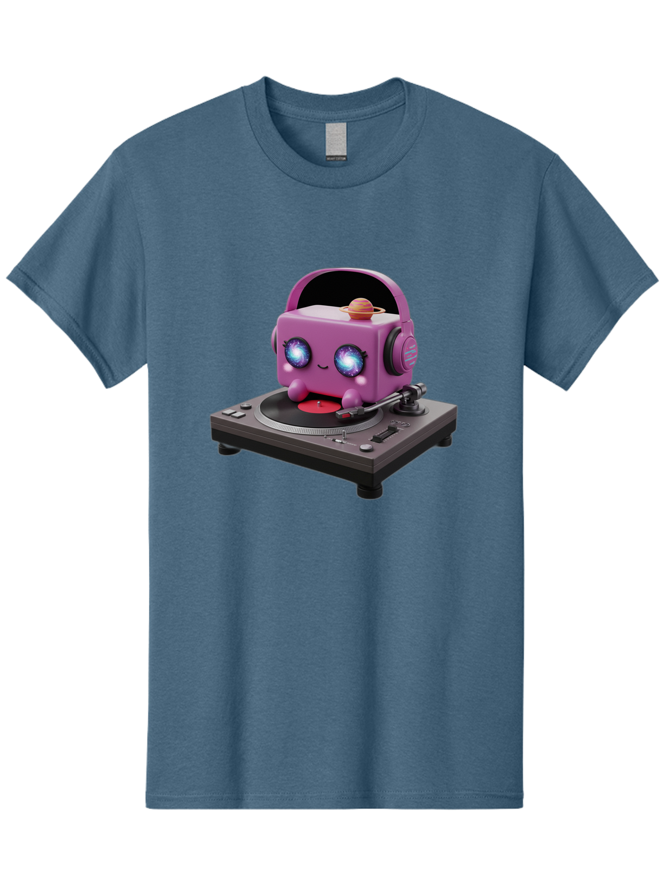 Purple-Robot Men'S Graphic Tee, 100% Cotton, Comfortable Casual Summer Wear, Machine Washable, Purple Robot, Record Player, Vinyl Records, Music Lover, Kawaii Character, Cartoon Robot, Galaxy Eyes, Planet On Head, Headphones, Music Enthusiast, Bad465 2