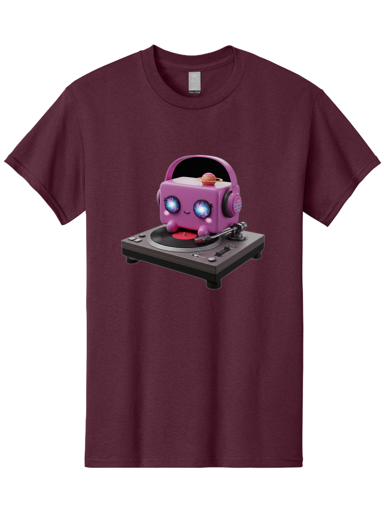 Purple-Robot Men'S Graphic Tee, 100% Cotton, Comfortable Casual Summer Wear, Machine Washable, Purple Robot, Record Player, Vinyl Records, Music Lover, Kawaii Character, Cartoon Robot, Galaxy Eyes, Planet On Head, Headphones, Music Enthusiast, Bad465 3