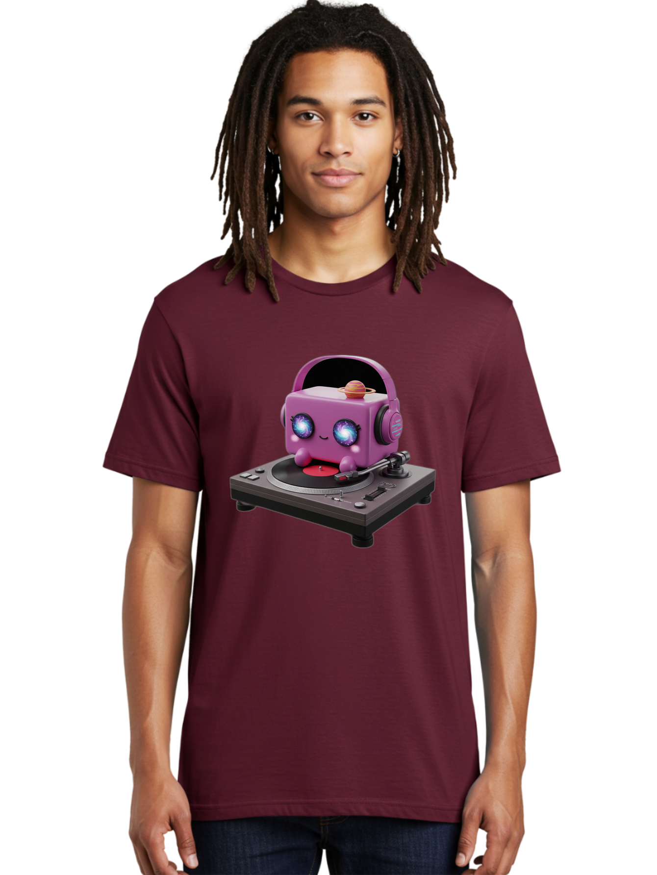 Purple-Robot Men'S Graphic Tee, 100% Cotton, Comfortable Casual Summer Wear, Machine Washable, Purple Robot, Record Player, Vinyl Records, Music Lover, Kawaii Character, Cartoon Robot, Galaxy Eyes, Planet On Head, Headphones, Music Enthusiast, Bad465 18