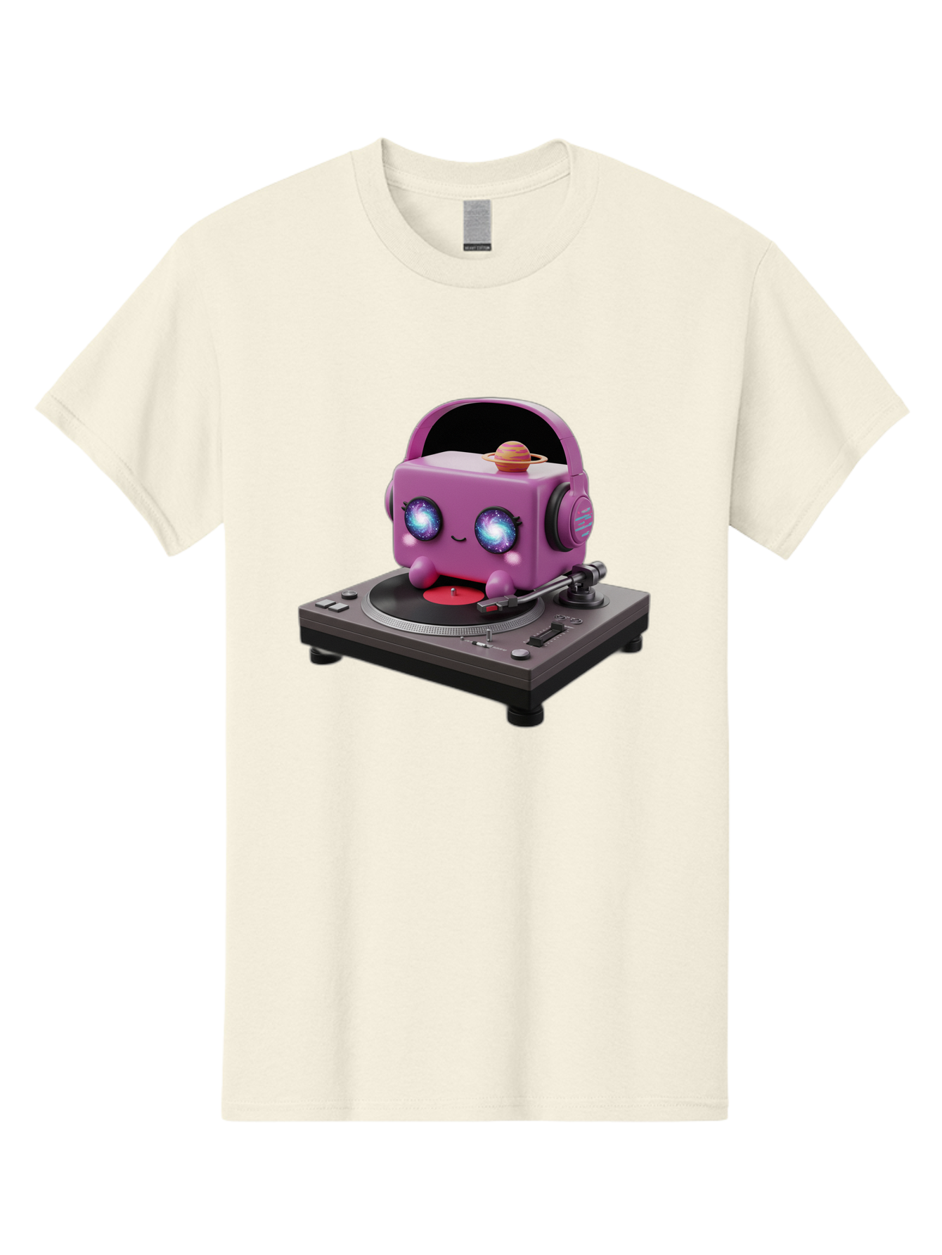 Purple-Robot Men'S Graphic Tee, 100% Cotton, Comfortable Casual Summer Wear, Machine Washable, Purple Robot, Record Player, Vinyl Records, Music Lover, Kawaii Character, Cartoon Robot, Galaxy Eyes, Planet On Head, Headphones, Music Enthusiast, Bad465 7
