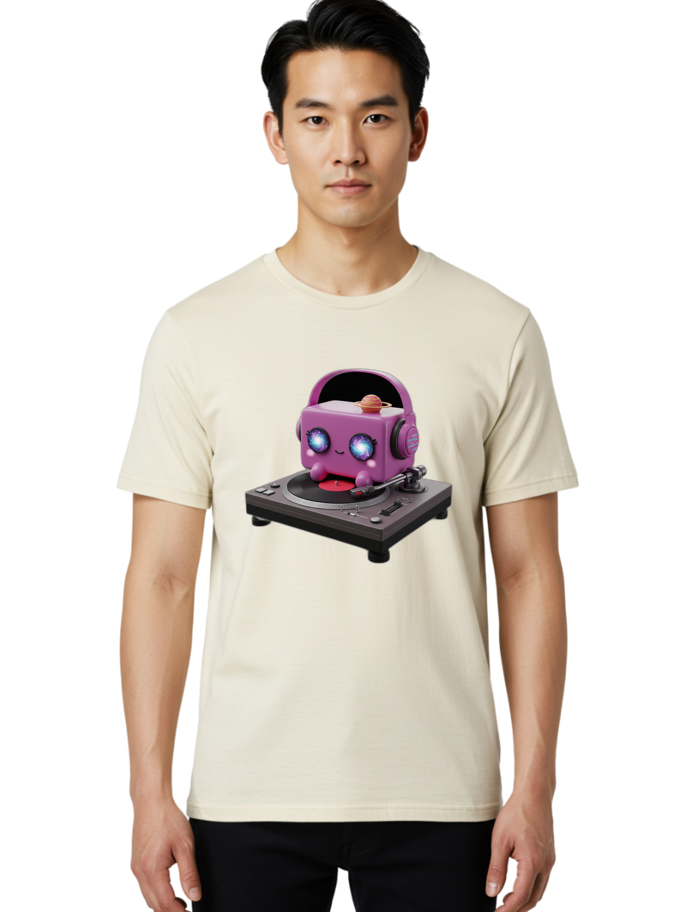 Purple-Robot Men'S Graphic Tee, 100% Cotton, Comfortable Casual Summer Wear, Machine Washable, Purple Robot, Record Player, Vinyl Records, Music Lover, Kawaii Character, Cartoon Robot, Galaxy Eyes, Planet On Head, Headphones, Music Enthusiast, Bad465 22