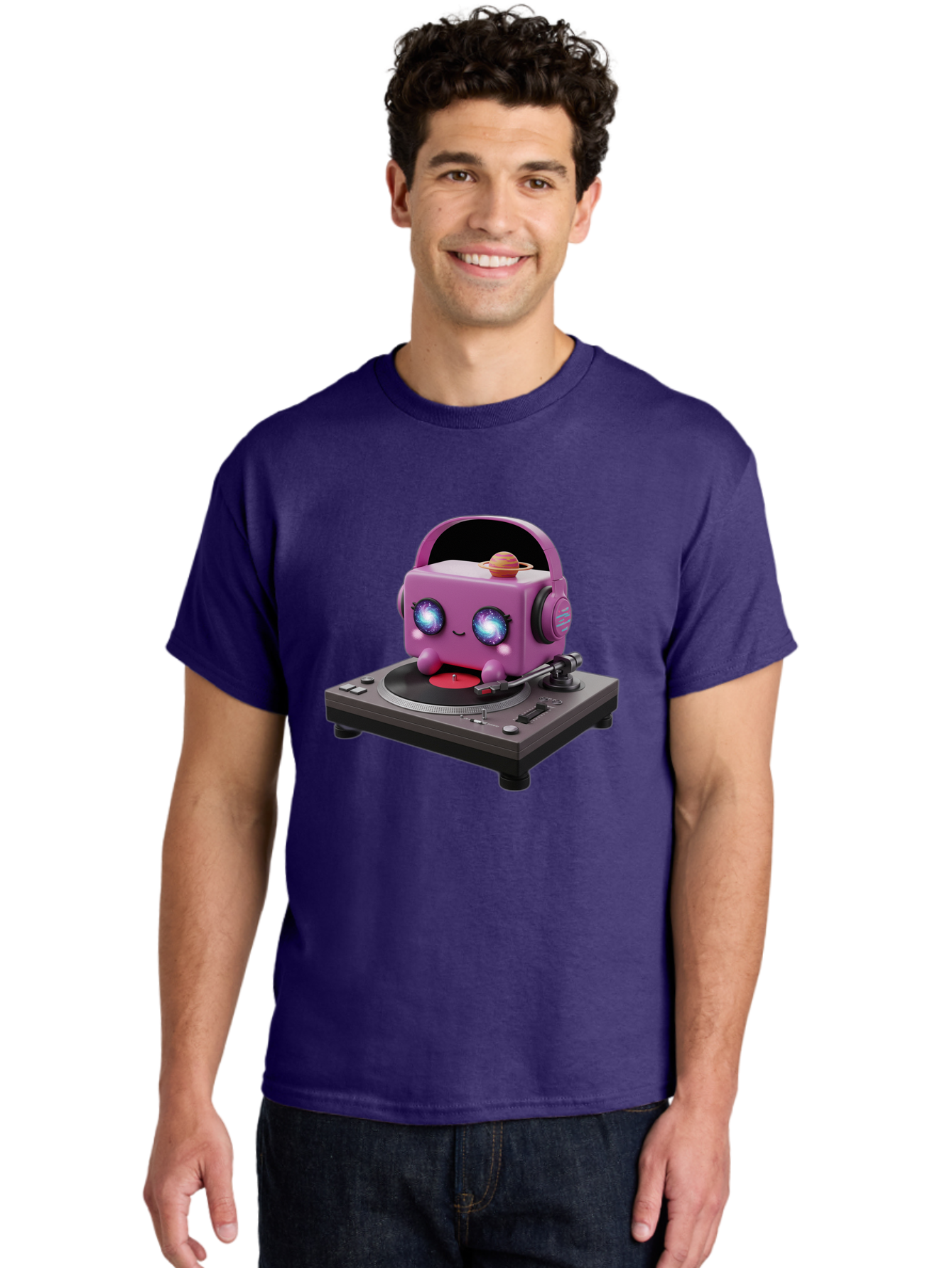 Purple-Robot Men'S Graphic Tee, 100% Cotton, Comfortable Casual Summer Wear, Machine Washable, Purple Robot, Record Player, Vinyl Records, Music Lover, Kawaii Character, Cartoon Robot, Galaxy Eyes, Planet On Head, Headphones, Music Enthusiast, Bad465 20