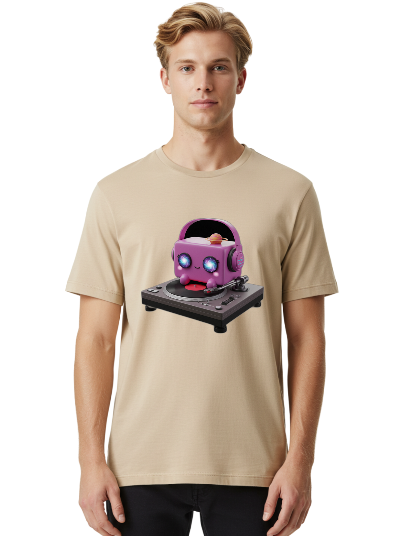 Purple-Robot Men'S Graphic Tee, 100% Cotton, Comfortable Casual Summer Wear, Machine Washable, Purple Robot, Record Player, Vinyl Records, Music Lover, Kawaii Character, Cartoon Robot, Galaxy Eyes, Planet On Head, Headphones, Music Enthusiast, Bad465 16