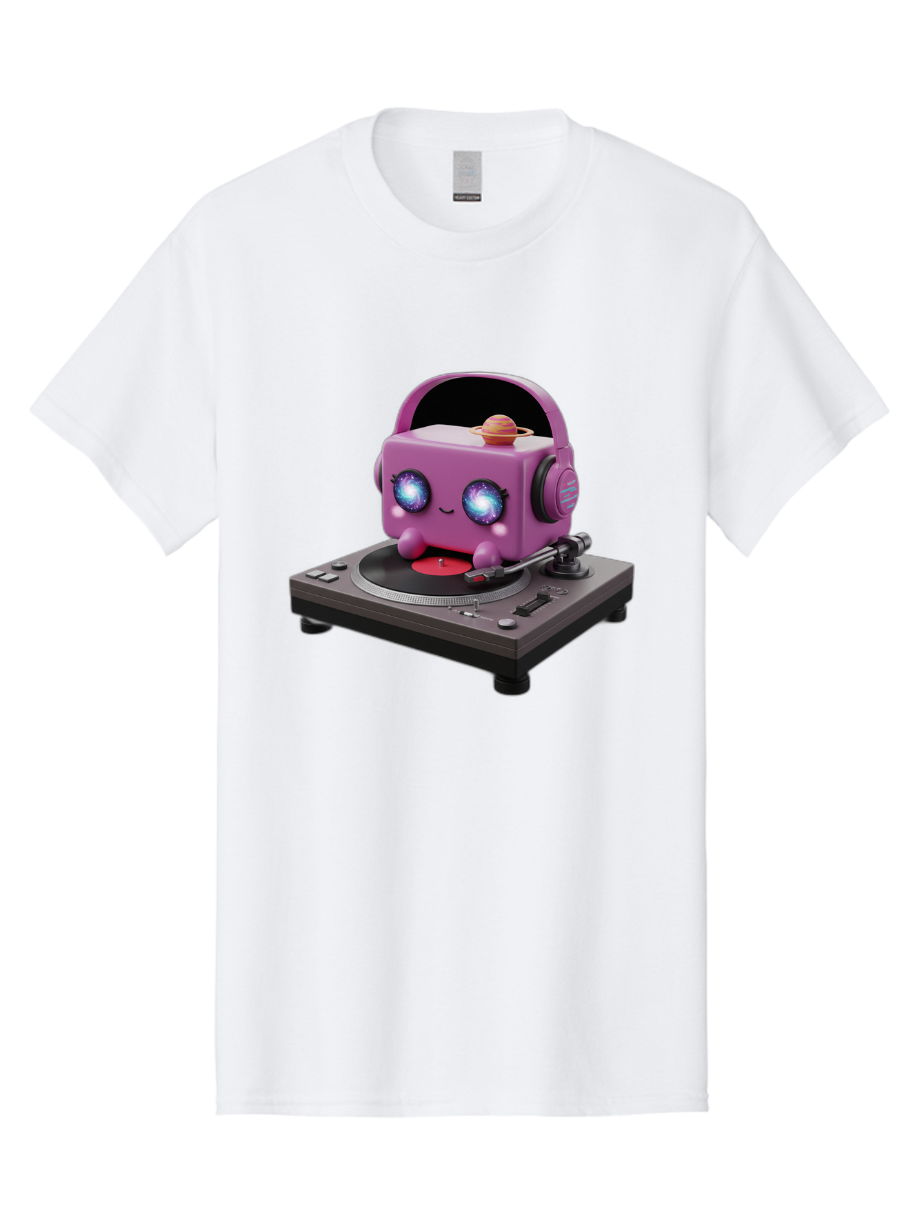 Purple-Robot Men'S Graphic Tee, 100% Cotton, Comfortable Casual Summer Wear, Machine Washable, Purple Robot, Record Player, Vinyl Records, Music Lover, Kawaii Character, Cartoon Robot, Galaxy Eyes, Planet On Head, Headphones, Music Enthusiast, Bad465 13