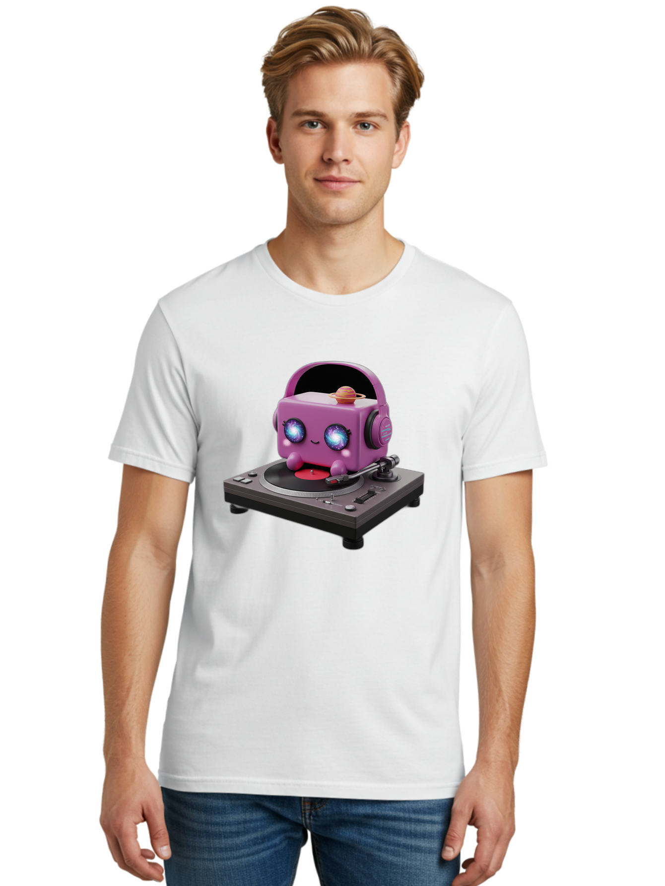 Purple-Robot Men'S Graphic Tee, 100% Cotton, Comfortable Casual Summer Wear, Machine Washable, Purple Robot, Record Player, Vinyl Records, Music Lover, Kawaii Character, Cartoon Robot, Galaxy Eyes, Planet On Head, Headphones, Music Enthusiast, Bad465 28