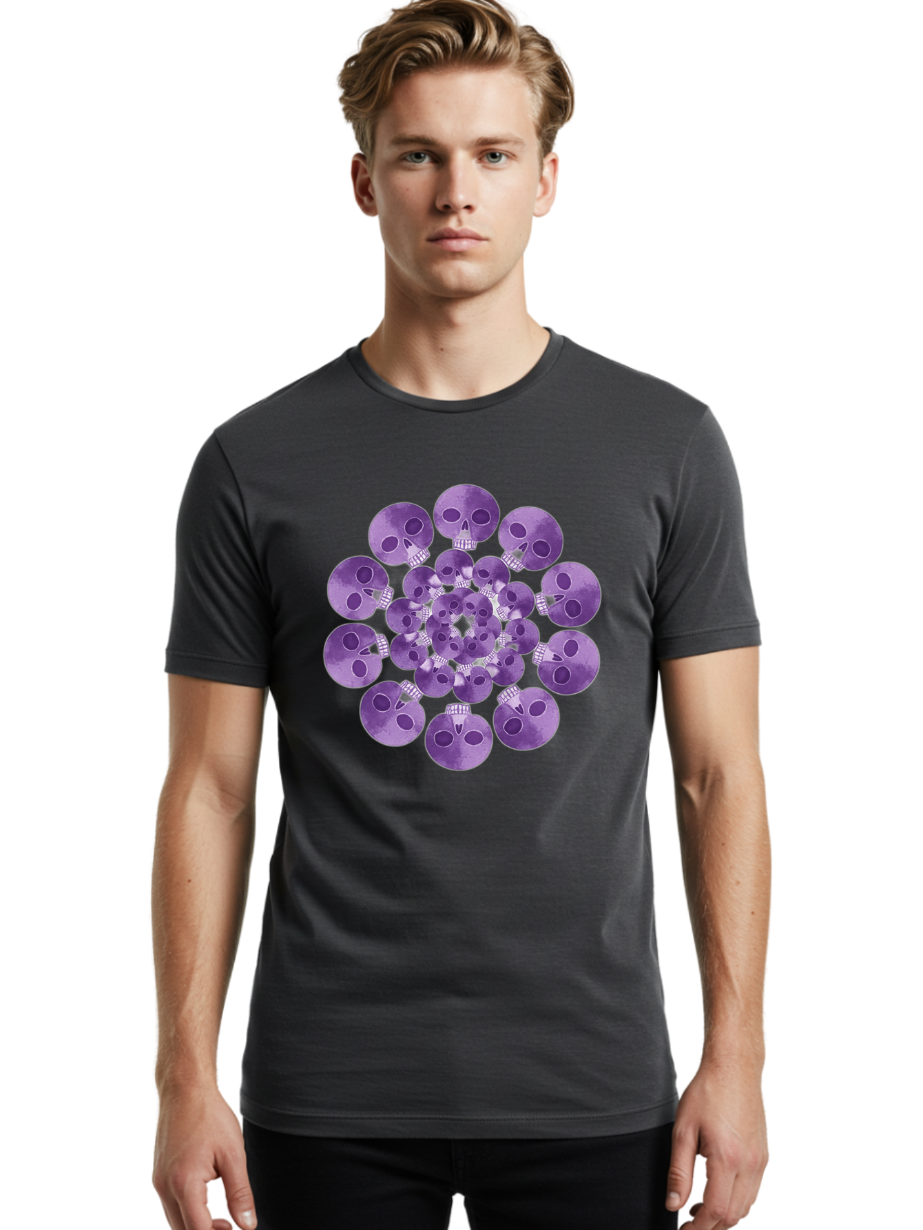 Purple-Skulls Men'S Graphic Tee, 100% Cotton, Comfortable Casual Summer Wear, Machine Washable, Cluster Of Purple Skulls, Skull Illustration, Gothic Art, Skull Design, Purple And White Colors, Skull Pattern, Dark Aesthetic, Grunge Style Bad466 30