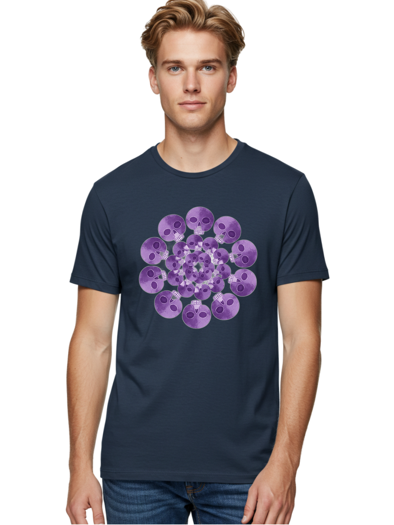 Purple-Skulls Men'S Graphic Tee, 100% Cotton, Comfortable Casual Summer Wear, Machine Washable, Cluster Of Purple Skulls, Skull Illustration, Gothic Art, Skull Design, Purple And White Colors, Skull Pattern, Dark Aesthetic, Grunge Style Bad466 24