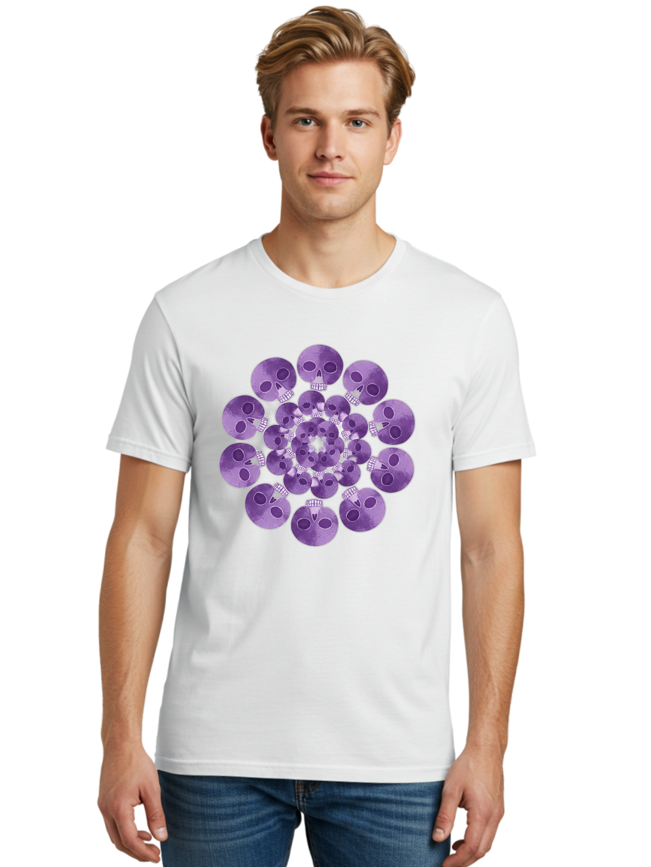 Purple-Skulls Men'S Graphic Tee, 100% Cotton, Comfortable Casual Summer Wear, Machine Washable, Cluster Of Purple Skulls, Skull Illustration, Gothic Art, Skull Design, Purple And White Colors, Skull Pattern, Dark Aesthetic, Grunge Style Bad466 17