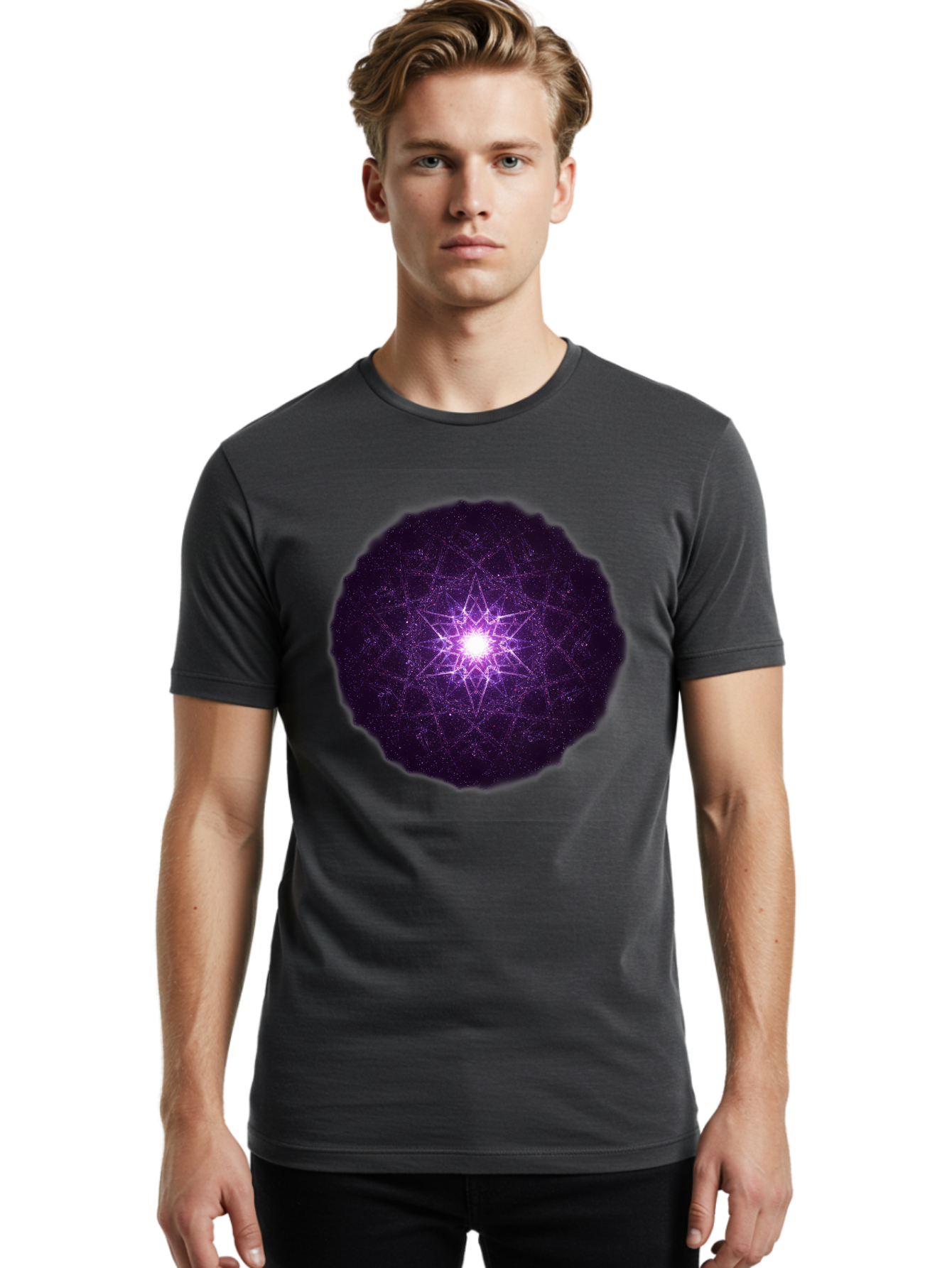 Purple-Star Men'S Graphic Tee, 100% Cotton, Comfortable Casual Summer Wear, Machine Washable, Sacred Geometry, Purple Star, Mystical Symbol, Spiritual Pattern, Geometric Shape, Celestial Body, Starburst, Mandala, Abstract Art, Cosmic Energy Bad467 17