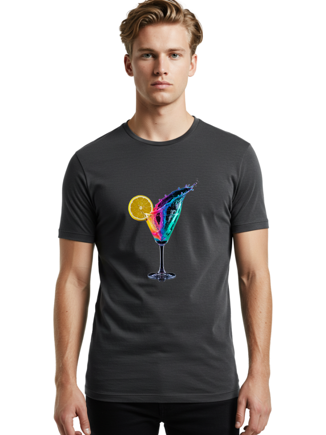 Rainbow-Cocktail Men'S Graphic Tee, 100% Cotton, Comfortable Casual Summer Wear, Machine Washable, Colorful Cocktail, Vibrant Drink, Splash Art, Orange Slice Garnish, Creative Mixology, Refreshing Beverage, Nightlife Ambiance, Party Drink Bad468 19