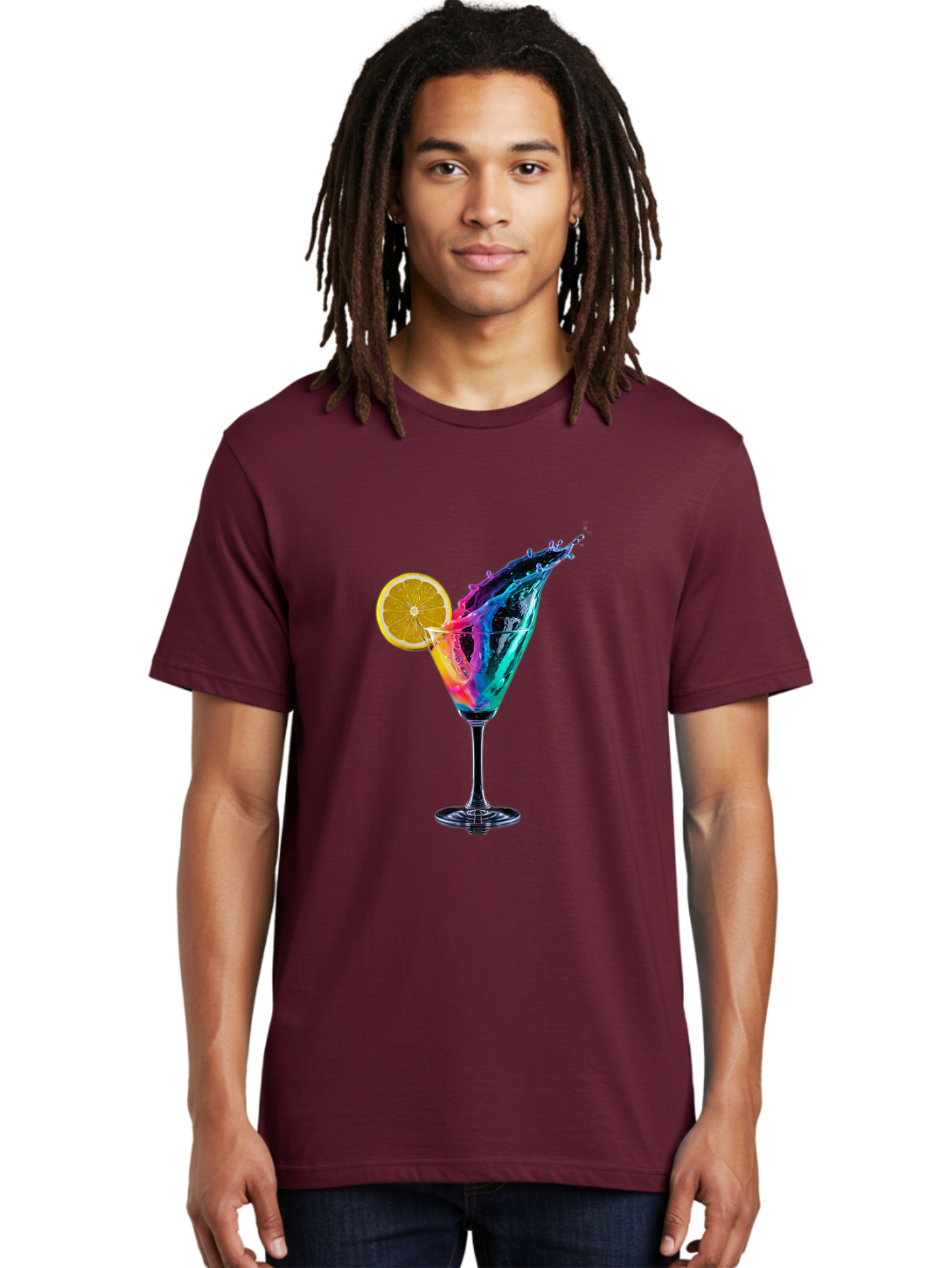 Rainbow-Cocktail Men'S Graphic Tee, 100% Cotton, Comfortable Casual Summer Wear, Machine Washable, Colorful Cocktail, Vibrant Drink, Splash Art, Orange Slice Garnish, Creative Mixology, Refreshing Beverage, Nightlife Ambiance, Party Drink Bad468 28