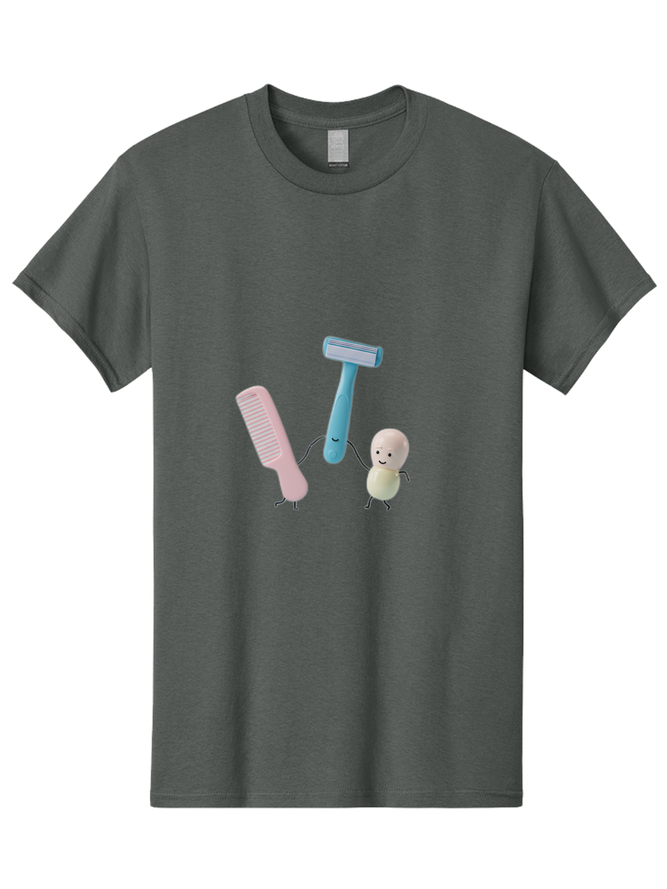 Razor-Comb-And-Egg Men'S Graphic Tee, 100% Cotton, Comfortable Casual Summer Wear, Machine Washable, Shaving, Grooming, Personal Care, Cartoon Characters, Pink Comb, Blue Razor, Smiling Egg, Cute Scene, Hygiene Products, Funny Illustration Bad476 3