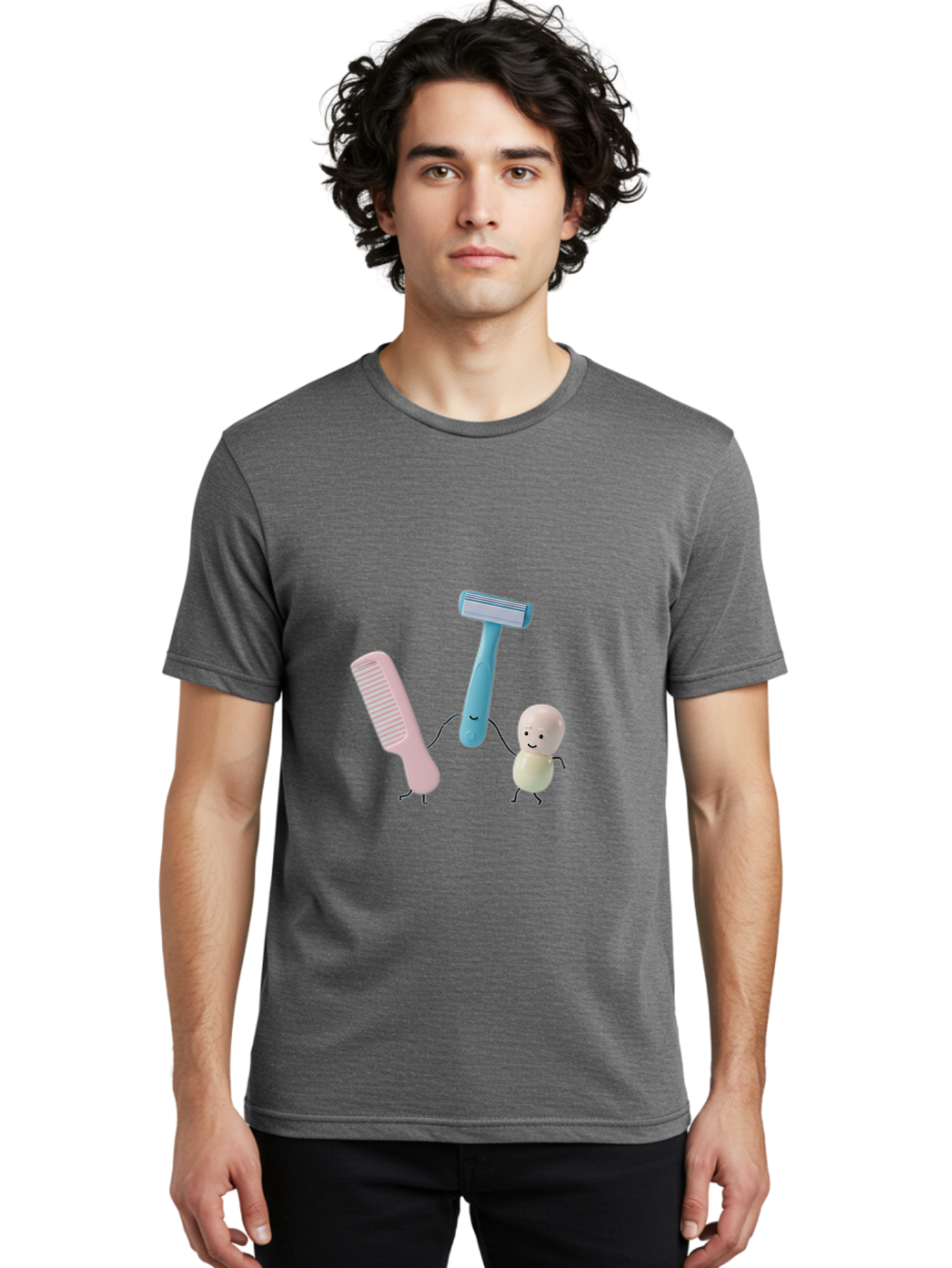 Razor-Comb-And-Egg Men'S Graphic Tee, 100% Cotton, Comfortable Casual Summer Wear, Machine Washable, Shaving, Grooming, Personal Care, Cartoon Characters, Pink Comb, Blue Razor, Smiling Egg, Cute Scene, Hygiene Products, Funny Illustration Bad476 30