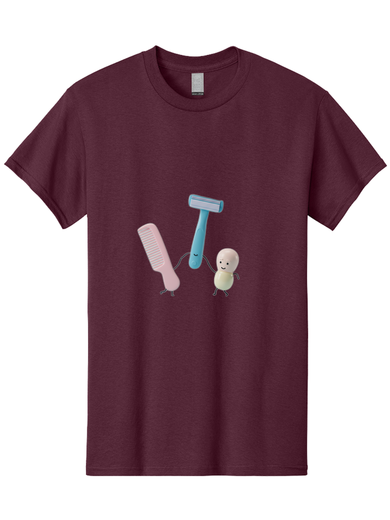 Razor-Comb-And-Egg Men'S Graphic Tee, 100% Cotton, Comfortable Casual Summer Wear, Machine Washable, Shaving, Grooming, Personal Care, Cartoon Characters, Pink Comb, Blue Razor, Smiling Egg, Cute Scene, Hygiene Products, Funny Illustration Bad476 13
