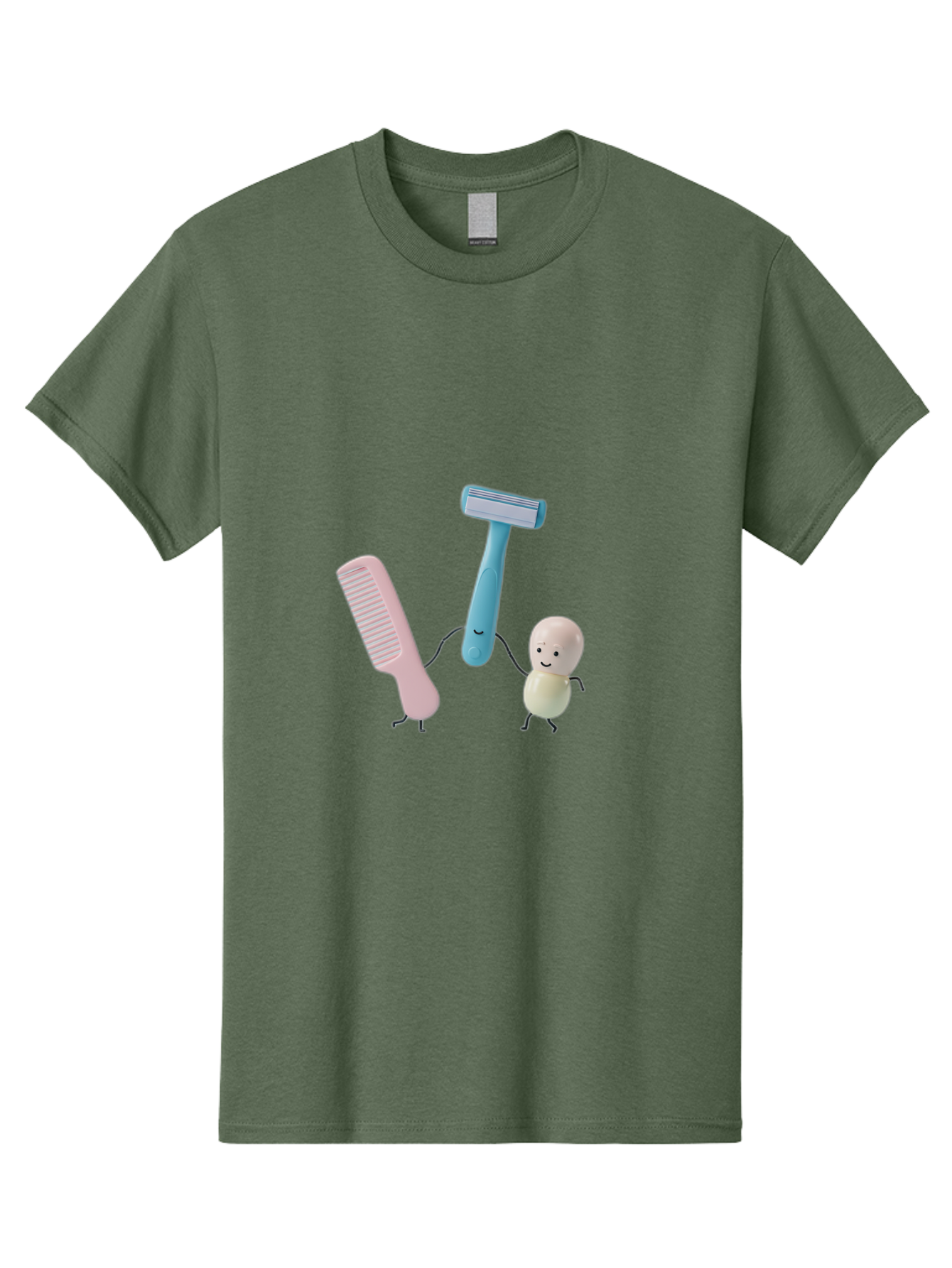 Razor-Comb-And-Egg Men'S Graphic Tee, 100% Cotton, Comfortable Casual Summer Wear, Machine Washable, Shaving, Grooming, Personal Care, Cartoon Characters, Pink Comb, Blue Razor, Smiling Egg, Cute Scene, Hygiene Products, Funny Illustration Bad476 14