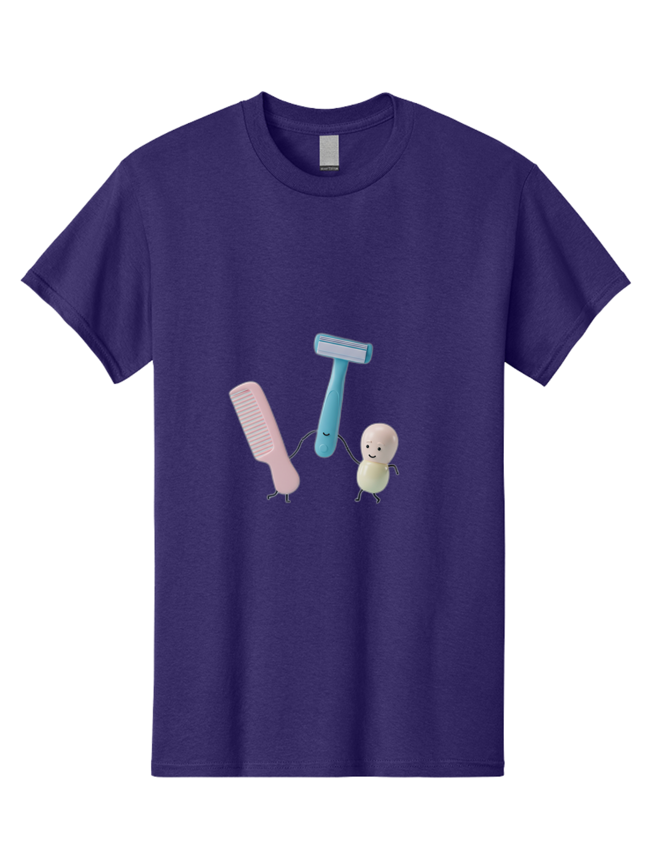 Razor-Comb-And-Egg Men'S Graphic Tee, 100% Cotton, Comfortable Casual Summer Wear, Machine Washable, Shaving, Grooming, Personal Care, Cartoon Characters, Pink Comb, Blue Razor, Smiling Egg, Cute Scene, Hygiene Products, Funny Illustration Bad476 11