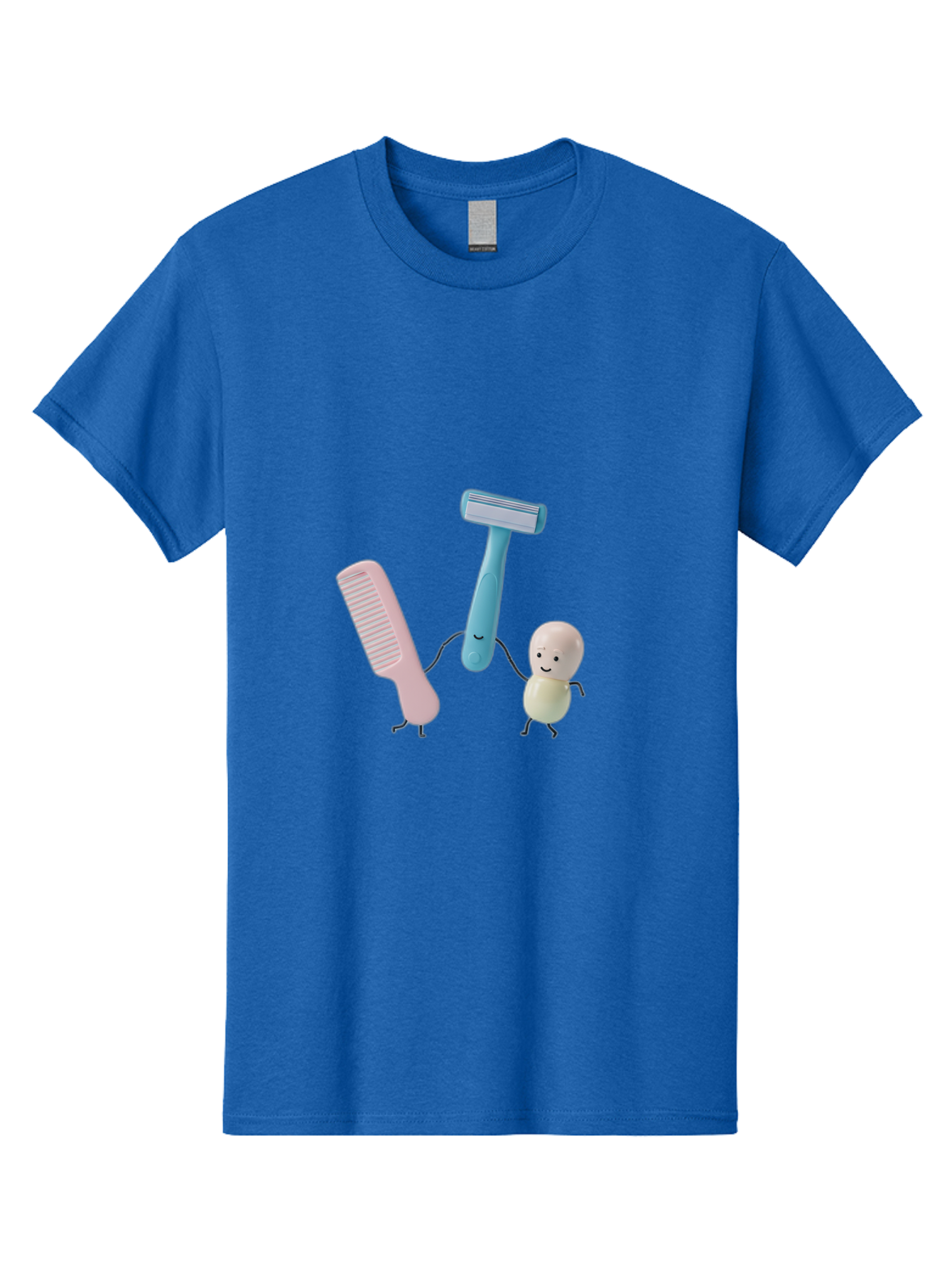 Razor-Comb-And-Egg Men'S Graphic Tee, 100% Cotton, Comfortable Casual Summer Wear, Machine Washable, Shaving, Grooming, Personal Care, Cartoon Characters, Pink Comb, Blue Razor, Smiling Egg, Cute Scene, Hygiene Products, Funny Illustration Bad476 12