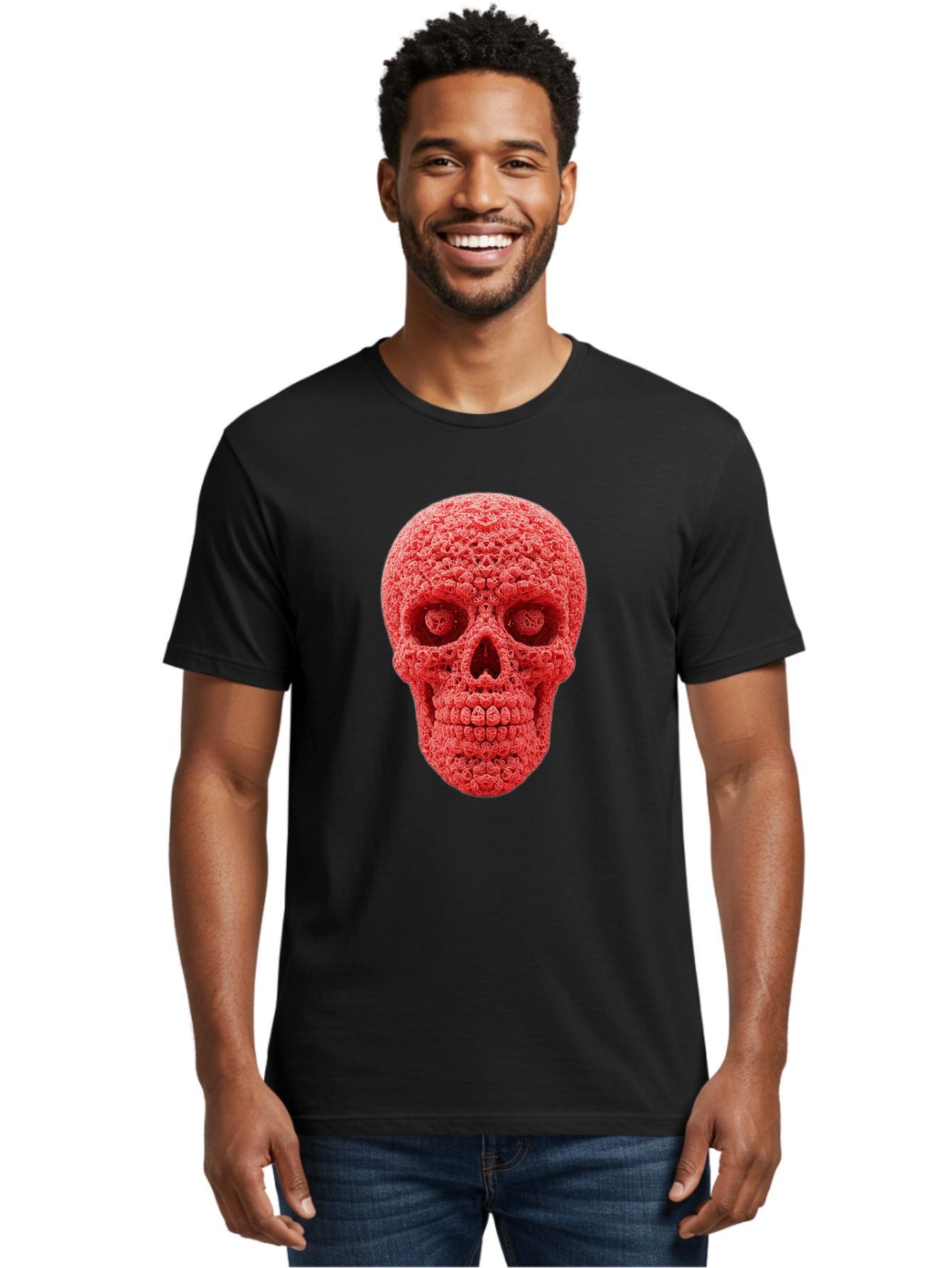 Red-Crochet-Skull Men'S Graphic Tee, 100% Cotton, Comfortable Casual Summer Wear, Machine Washable, Strawberry Skull, Red Fruit, Sugar Skull, Food Art, Creative Dessert, Skull Design, Vibrant Red Color, Unique Food Styling Bad484 18