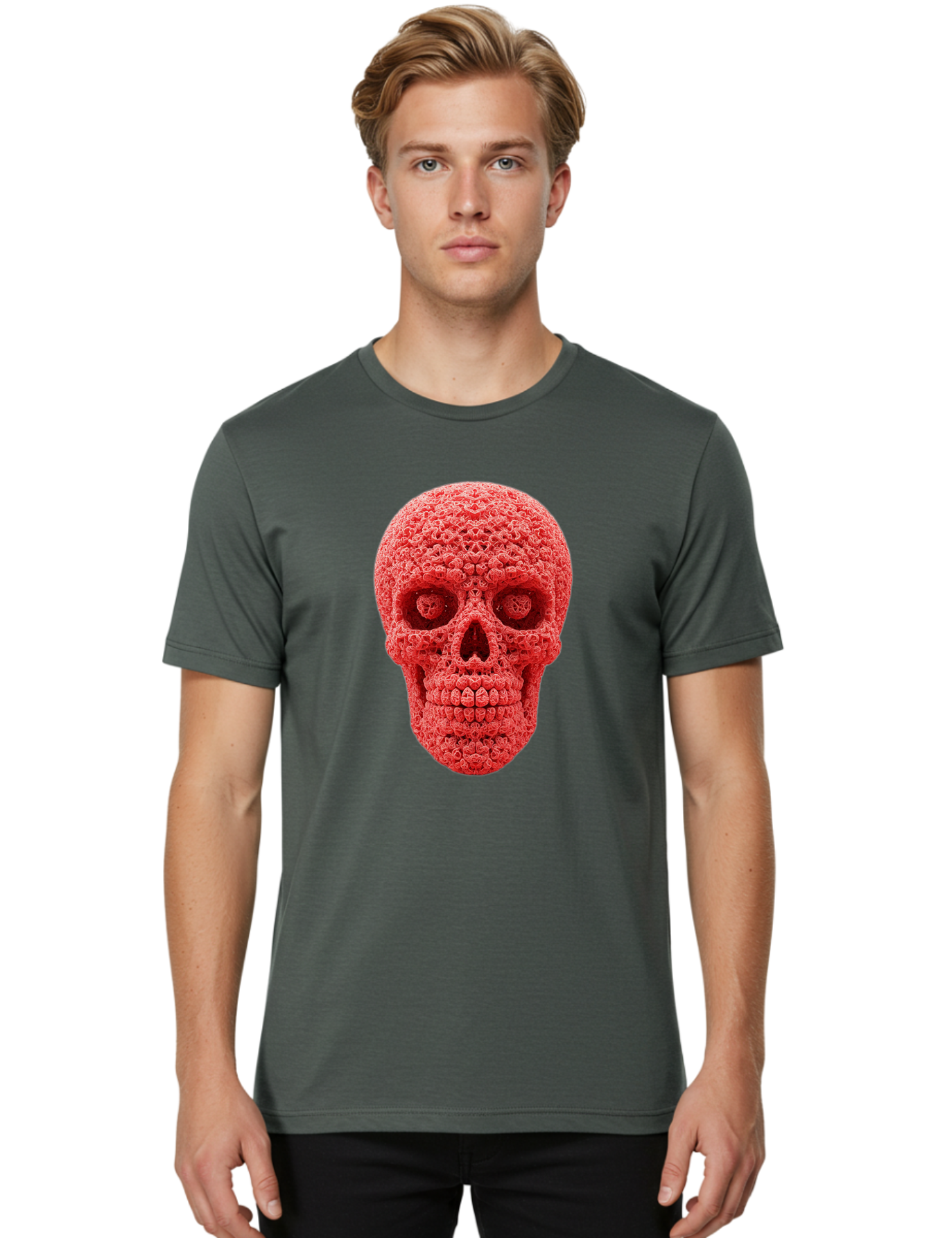 Red-Crochet-Skull Men'S Graphic Tee, 100% Cotton, Comfortable Casual Summer Wear, Machine Washable, Strawberry Skull, Red Fruit, Sugar Skull, Food Art, Creative Dessert, Skull Design, Vibrant Red Color, Unique Food Styling Bad484 25