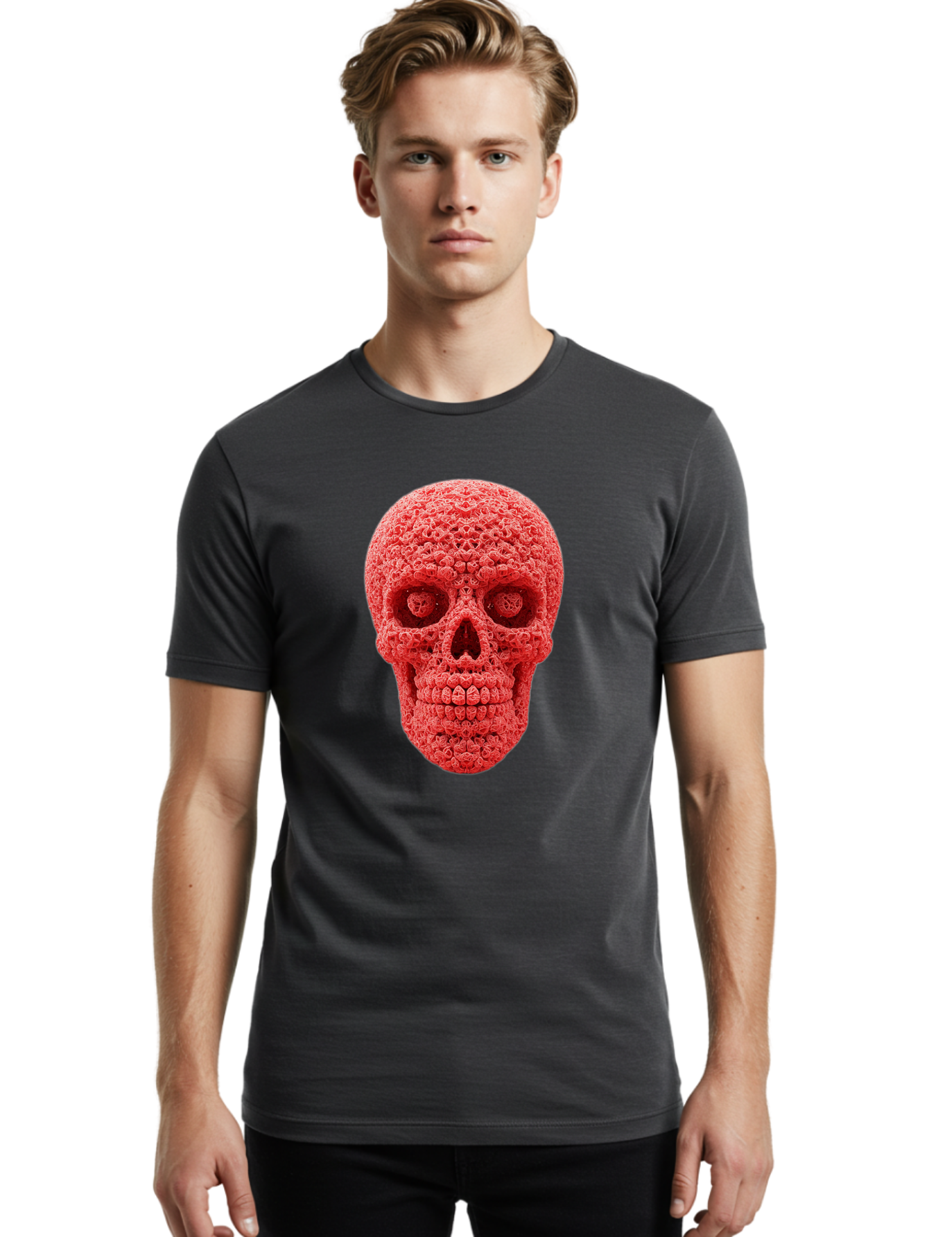 Red-Crochet-Skull Men'S Graphic Tee, 100% Cotton, Comfortable Casual Summer Wear, Machine Washable, Strawberry Skull, Red Fruit, Sugar Skull, Food Art, Creative Dessert, Skull Design, Vibrant Red Color, Unique Food Styling Bad484 20