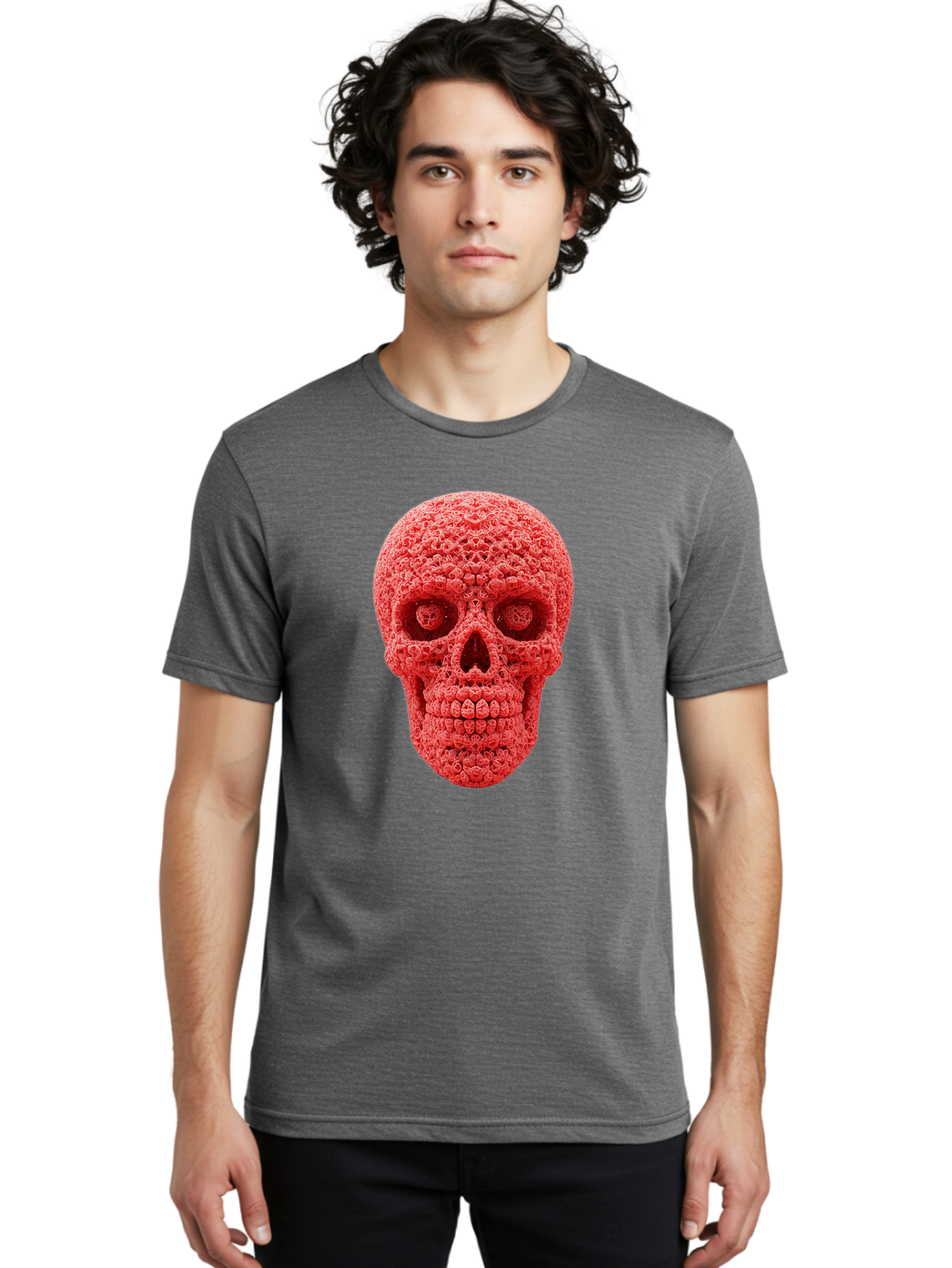 Red-Crochet-Skull Men'S Graphic Tee, 100% Cotton, Comfortable Casual Summer Wear, Machine Washable, Strawberry Skull, Red Fruit, Sugar Skull, Food Art, Creative Dessert, Skull Design, Vibrant Red Color, Unique Food Styling Bad484 17