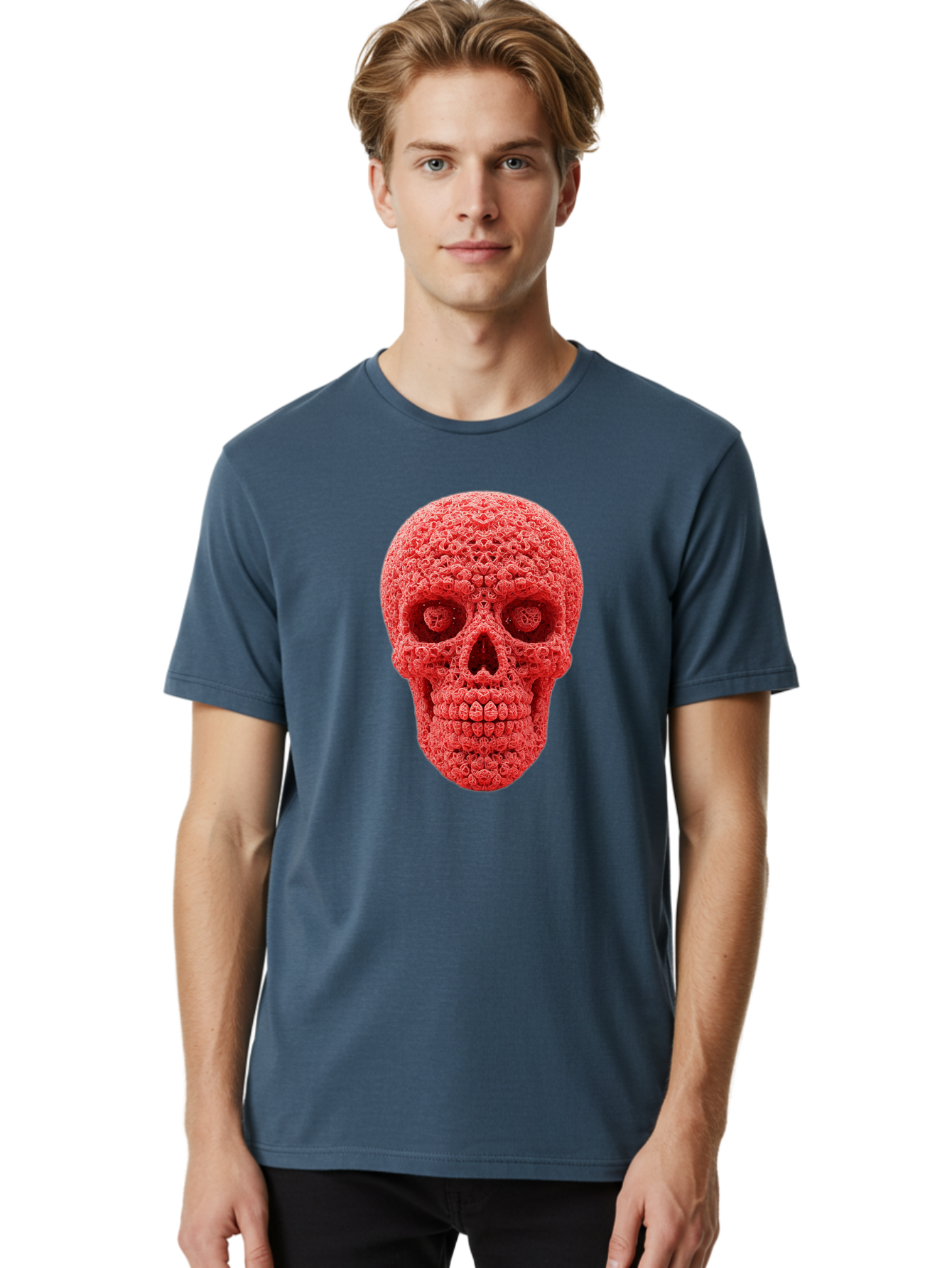 Red-Crochet-Skull Men'S Graphic Tee, 100% Cotton, Comfortable Casual Summer Wear, Machine Washable, Strawberry Skull, Red Fruit, Sugar Skull, Food Art, Creative Dessert, Skull Design, Vibrant Red Color, Unique Food Styling Bad484 24