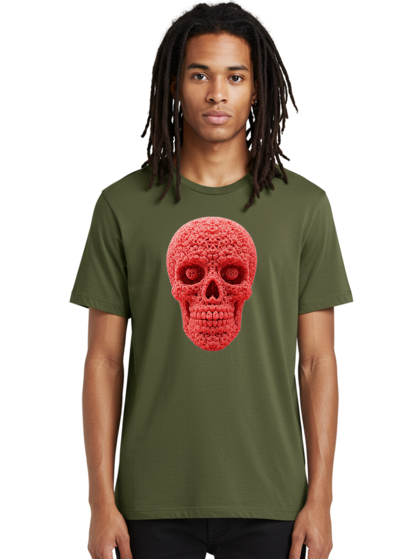 Red-Crochet-Skull Men'S Graphic Tee, 100% Cotton, Comfortable Casual Summer Wear, Machine Washable, Strawberry Skull, Red Fruit, Sugar Skull, Food Art, Creative Dessert, Skull Design, Vibrant Red Color, Unique Food Styling Bad484 23