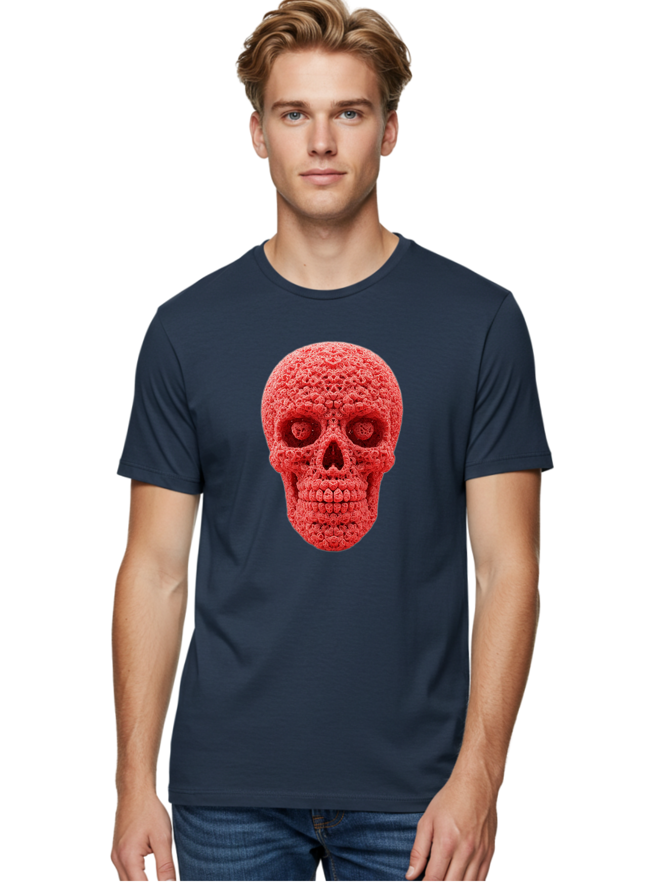 Red-Crochet-Skull Men'S Graphic Tee, 100% Cotton, Comfortable Casual Summer Wear, Machine Washable, Strawberry Skull, Red Fruit, Sugar Skull, Food Art, Creative Dessert, Skull Design, Vibrant Red Color, Unique Food Styling Bad484 21