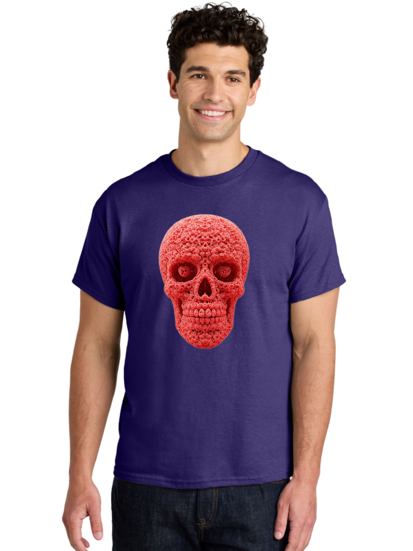 Red-Crochet-Skull Men'S Graphic Tee, 100% Cotton, Comfortable Casual Summer Wear, Machine Washable, Strawberry Skull, Red Fruit, Sugar Skull, Food Art, Creative Dessert, Skull Design, Vibrant Red Color, Unique Food Styling Bad484 26